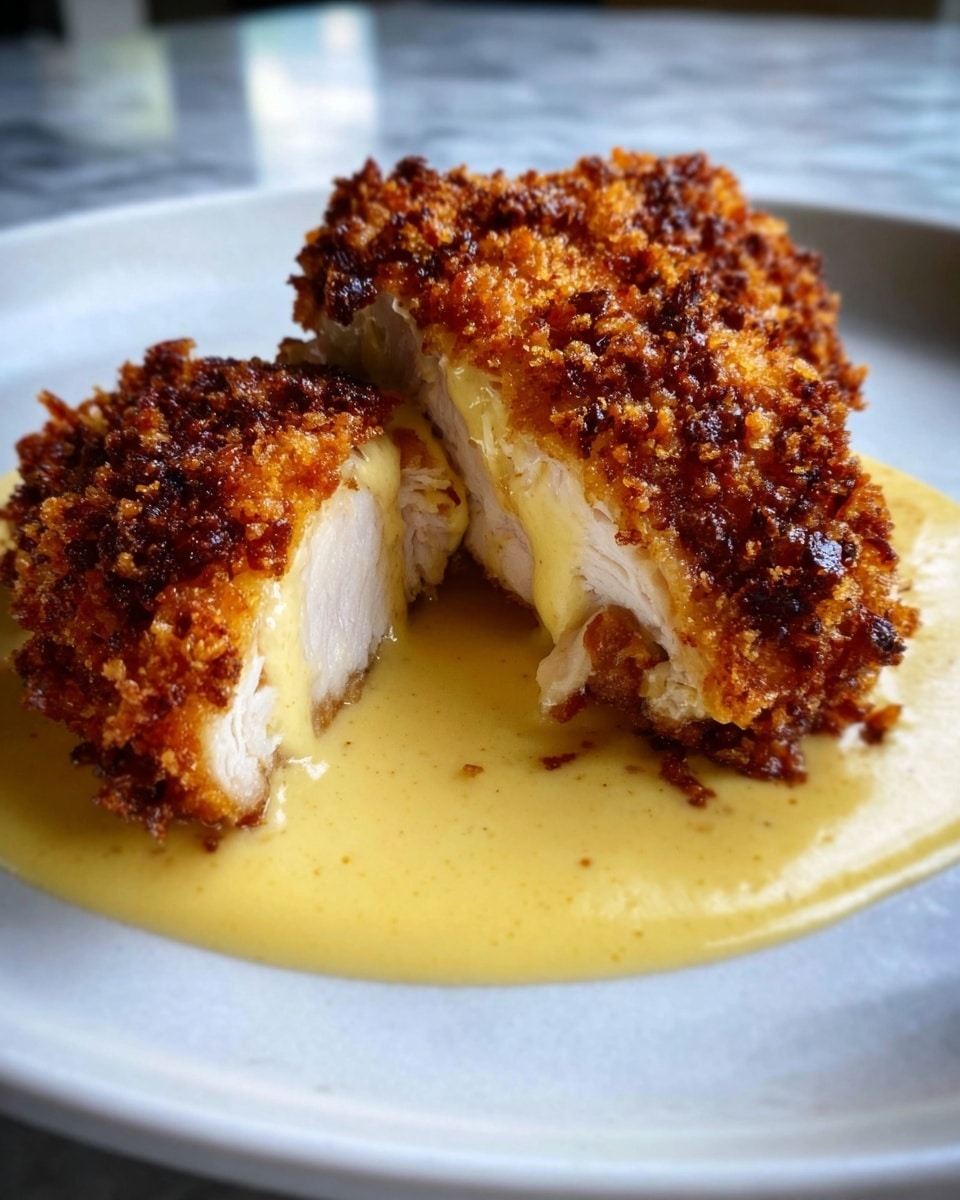 A crispy, golden brown fried chicken breast is cut open, showing juicy, white meat inside. The chicken is covered with crunchy, uneven breading in dark brown and golden shades. It sits on a pool of creamy yellow sauce that spreads smoothly on a white plate. The plate is placed on a white marbled surface. photo taken with an iphone --ar 4:5 --v 7