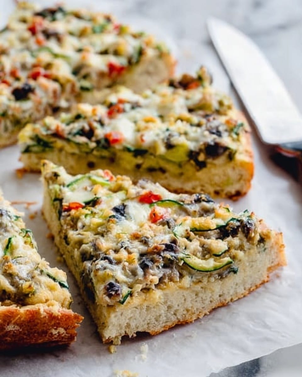 The image shows two slices of thick, soft bread with a golden crust, topped with a creamy white cheese layer mixed with chopped black olives, green olives, and small pieces of red and green peppers. The cheese looks melted and gooey with a slightly uneven texture. The bread is placed on white parchment paper on a white marbled surface. In the background, a knife with a white handle is slightly out of focus. Photo taken with an iphone --ar 4:5 --v 7