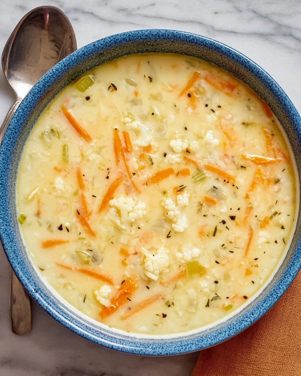 A bowl of creamy soup with visible small white cauliflower florets and thin, long orange carrot strips mixed throughout a thick pale yellow broth. There are tiny green pieces, likely celery or herbs, dispersed evenly in the soup. The soup is served in a white bowl with a speckled blue inner rim, sitting on a white marbled surface. A silver spoon rests diagonally on the upper left side. Photo taken with an iphone --ar 4:5 --v 7