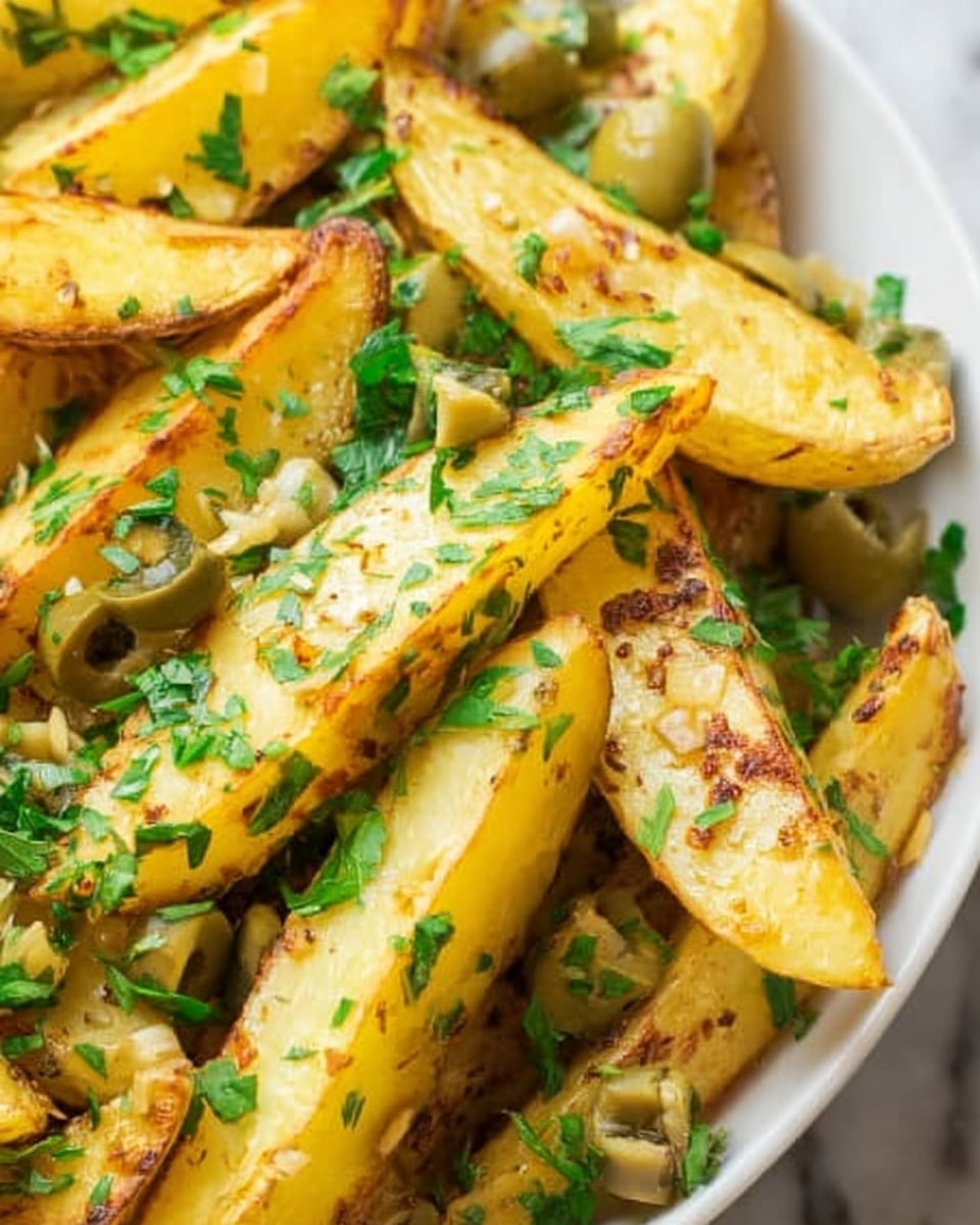The image shows golden yellow potato wedges with a slightly crispy texture, layered unevenly on a white plate. Scattered across the wedges are small chopped green olives and bits of fresh green parsley, adding pops of green color. The potato wedges have some browned, crispy edges and a soft interior texture that can be seen. The whole dish sits on a white marbled surface. photo taken with an iphone --ar 4:5 --v 7