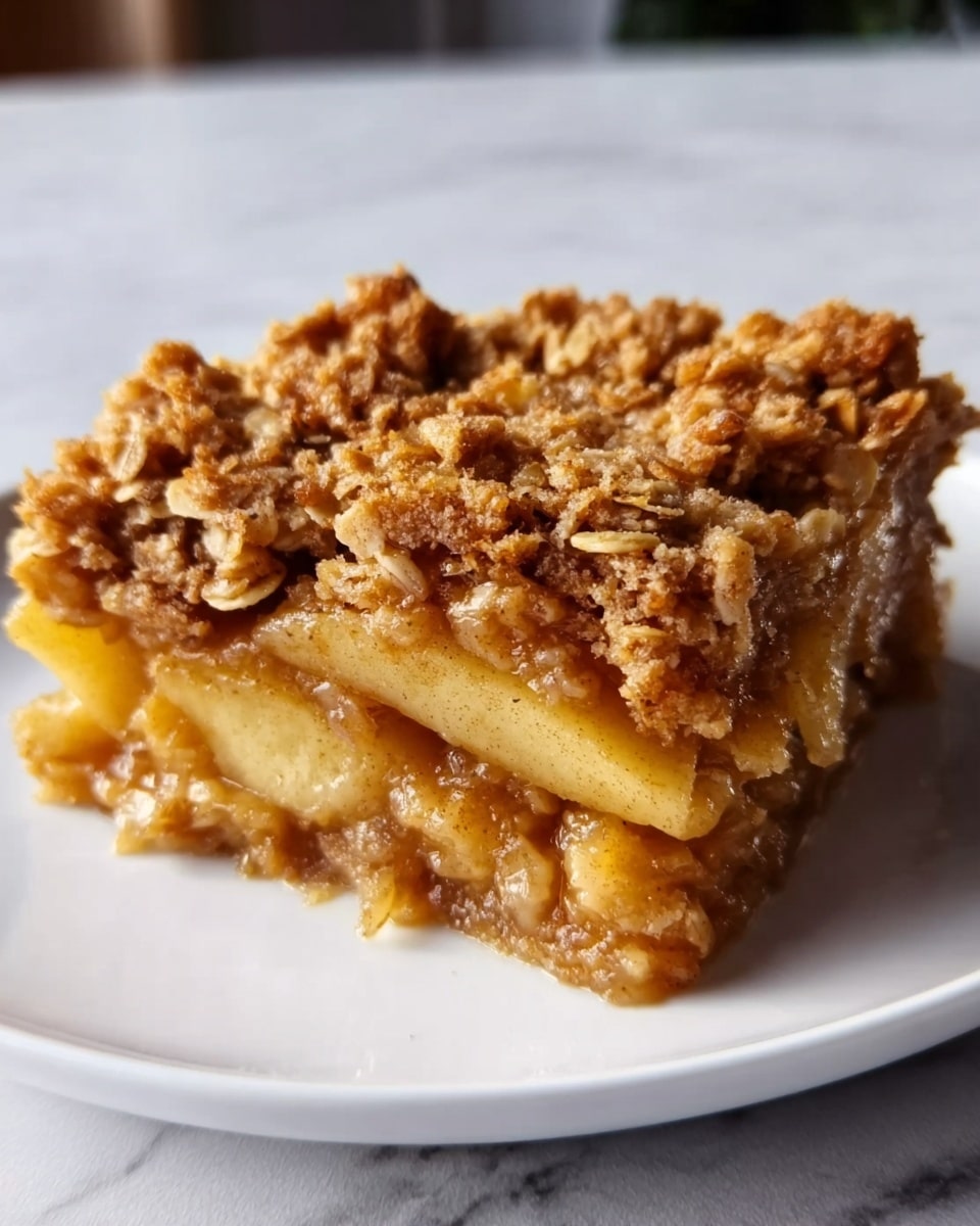 The image shows a single square slice of apple crumble on a white plate placed on a white marbled surface. The bottom layer consists of soft, glossy, cooked apple slices that are light golden and slightly translucent. On top of the apples is a thick, crumbly layer of golden-brown oat and cinnamon crisp topping, which looks crunchy and textured. The crumble is slightly uneven, giving it a homemade feel. Photo taken with an iphone --ar 4:5 --v 7