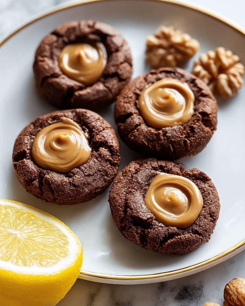 Four dark brown, soft-textured cookies with a glossy, smooth swirl of light brown caramel or peanut butter in the center are placed together on a white plate with a thin gold rim. The cookies are thick and slightly cracked on top, showing a chewy interior. Around the plate, sitting on a white marbled surface, there is a yellow lemon slice in the bottom left and whole walnuts slightly out of focus in the background. The lighting is natural and bright. photo taken with an iphone --ar 4:5 --v 7