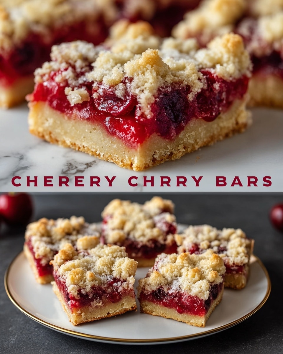 A close-up of a cherry bar shows three distinct layers: the bottom layer is a golden brown crumbly crust, the middle layer is a thick, bright red cherry filling with whole cherries visible, and the top layer is a pale golden crumb topping with small chunks and a slightly rough texture scattered evenly. Below, seven square cherry bars with the same three-layer structure sit closely on a round white plate with a thin gold rim, placed on a dark surface with white marbled texture. The crumb topping looks crunchy, the cherry filling glossy and juicy, and the crust firm but crumbly. Photo taken with an iphone --ar 4:5 --v 7