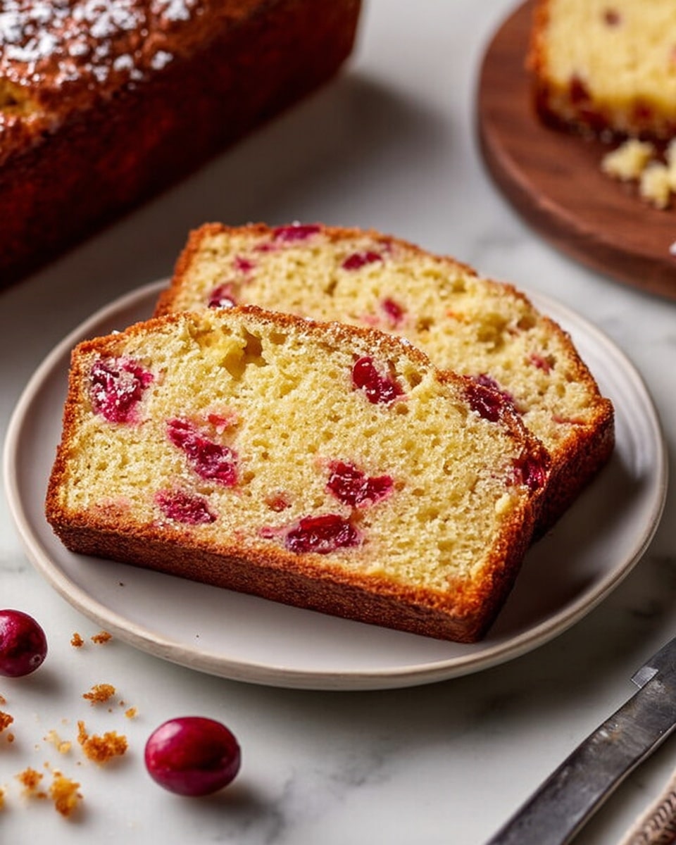 Two thick slices of golden-brown cranberry bread are placed on a round white plate, each slice showing a soft, light yellow crumb with scattered bright red cranberries inside. The edges of the bread are crisp and darker in color, giving contrast to the tender inside. A few whole cranberries and crumbs rest beside the slices on the plate. In the background, part of the remaining loaf sits on a white marbled surface, showing a similar browned crust with a dusting of powdered sugar on top. photo taken with an iphone --ar 4:5 --v 7