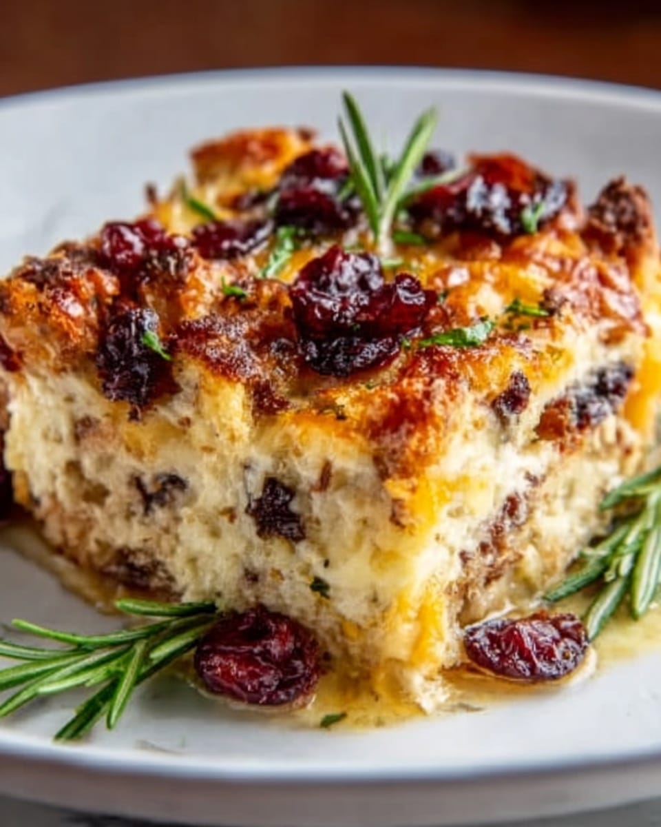 The image shows a thick slice of cheesy bread pudding on a white plate, placed on a white marble textured surface. The bread pudding has a golden brown crust on top with some darker, toasted spots. It is studded with red cranberries that add pops of color throughout the layers. The inside looks soft and creamy with visible chunks of bread and a smooth egg mixture. A small sprig of fresh green rosemary sits on top as a garnish. The plate catches some of the warm light, emphasizing the gooey texture of the cheese and the contrast between the crispy top and soft inside. photo taken with an iphone --ar 4:5 --v 7