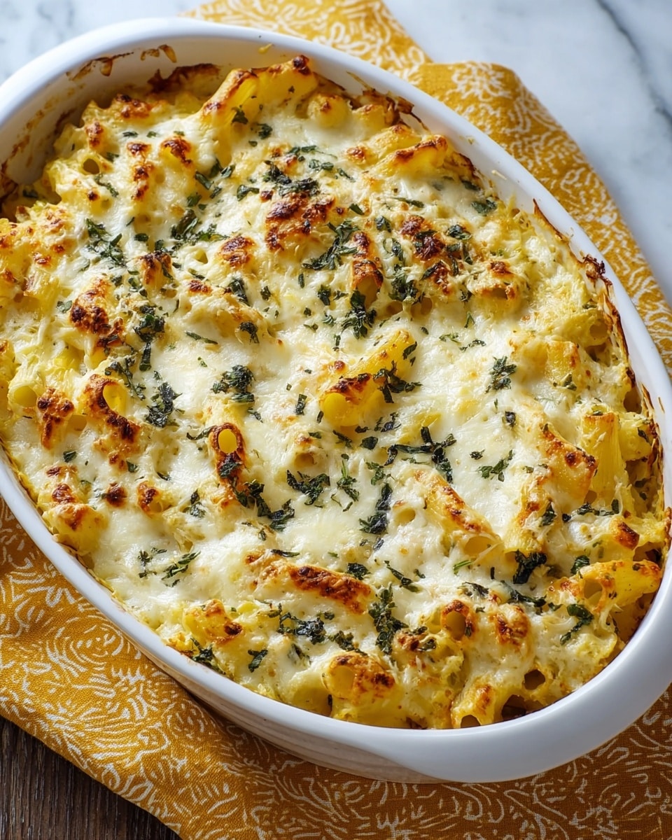 The image shows a close-up of a baked pasta dish in a white oval baking dish with a yellow inside. The dish has a single layer of rigatoni pasta covered with a topping of melted white cheese that is golden brown in spots. There are small green herb leaves scattered evenly on top, mixed into the melted cheese. The pasta is slightly browned and crispy around the edges, with a creamy, gooey texture in the middle. The baking dish rests on a white marbled surface with a yellow patterned cloth partially visible on one side. photo taken with an iphone --ar 4:5 --v 7