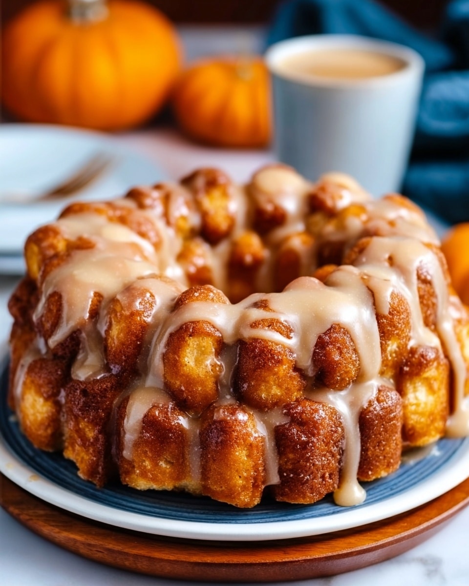 The image shows a ring-shaped pull-apart bread made of small, brown, soft rolls baked together with a shiny glaze, covered in light beige icing dripping down the sides. The bread sits on a white plate with a thin gold rim placed on a wooden board over a white marbled surface. In the background, blurred items include a small pumpkin, a white cup with a brown liquid, and a blue cloth. Photo taken with an iphone --ar 4:5 --v 7