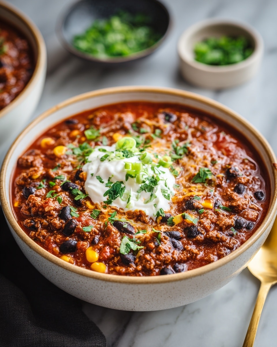 A white bowl filled with three layers: the base is a thick, dark red chili with ground meat, black beans, and bright yellow corn mixed throughout, topped with melted golden cheese scattered unevenly, finished with a dollop of white sour cream in the center, sprinkled with fresh green chopped herbs and small green onion pieces. The bowl sits on a white marbled surface next to a silver spoon, with a blurred second bowl and a small bowl of green herbs in the soft background. Photo taken with an iphone --ar 4:5 --v 7