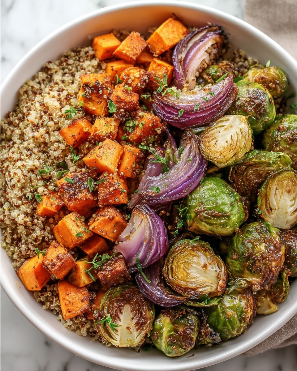 A white bowl filled with a colorful mix of roasted Brussels sprouts, cut in half with a slightly charred brown surface, bright orange cubed sweet potatoes with some caramelized edges, and thin strips of purple onion scattered throughout. The base layer is a fluffy, light brown quinoa that adds a grainy texture under the roasted vegetables. Fresh green herbs are sprinkled on top, adding a touch of brightness. The bowl is placed on a white marbled surface with soft lighting enhancing the warm, earthy colors of the dish. photo taken with an iphone --ar 4:5 --v 7