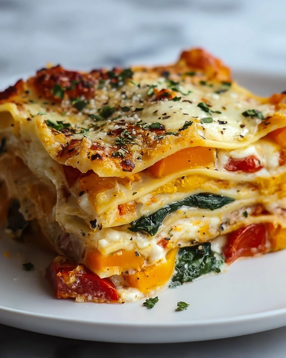 A close-up view of a three-layer lasagna slice on a white plate set on a white marbled surface. The top layer is melted golden cheese sprinkled with finely chopped green herbs and a little grated white cheese. Underneath, the layers alternate between soft yellow pasta sheets and colorful fillings including bright orange pumpkin, wilted dark green spinach, red tomato sauce, white ricotta cheese, and thin slices of zucchini. The sides of the lasagna reveal the rich, textured layers with visible chunks of vegetables and creamy cheese. photo taken with an iphone --ar 4:5 --v 7