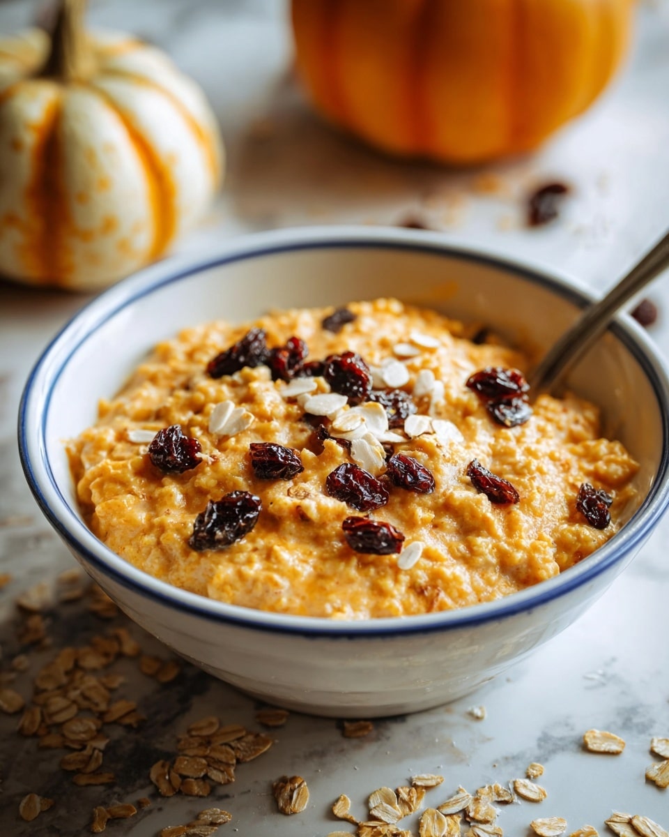 A white bowl with a thin blue rim holds a creamy orange-colored porridge with a soft, slightly lumpy texture. On top, there are dark brown raisins and light beige oat flakes scattered unevenly, adding texture and color contrast to the dish. A metal spoon is partly inside the bowl, resting on the right edge. The bowl sits on a white marbled surface scattered with more oat flakes and raisins. In the background, out of focus, a small cream-colored pumpkin with orange stripes adds a cozy autumn feel. photo taken with an iphone --ar 4:5 --v 7