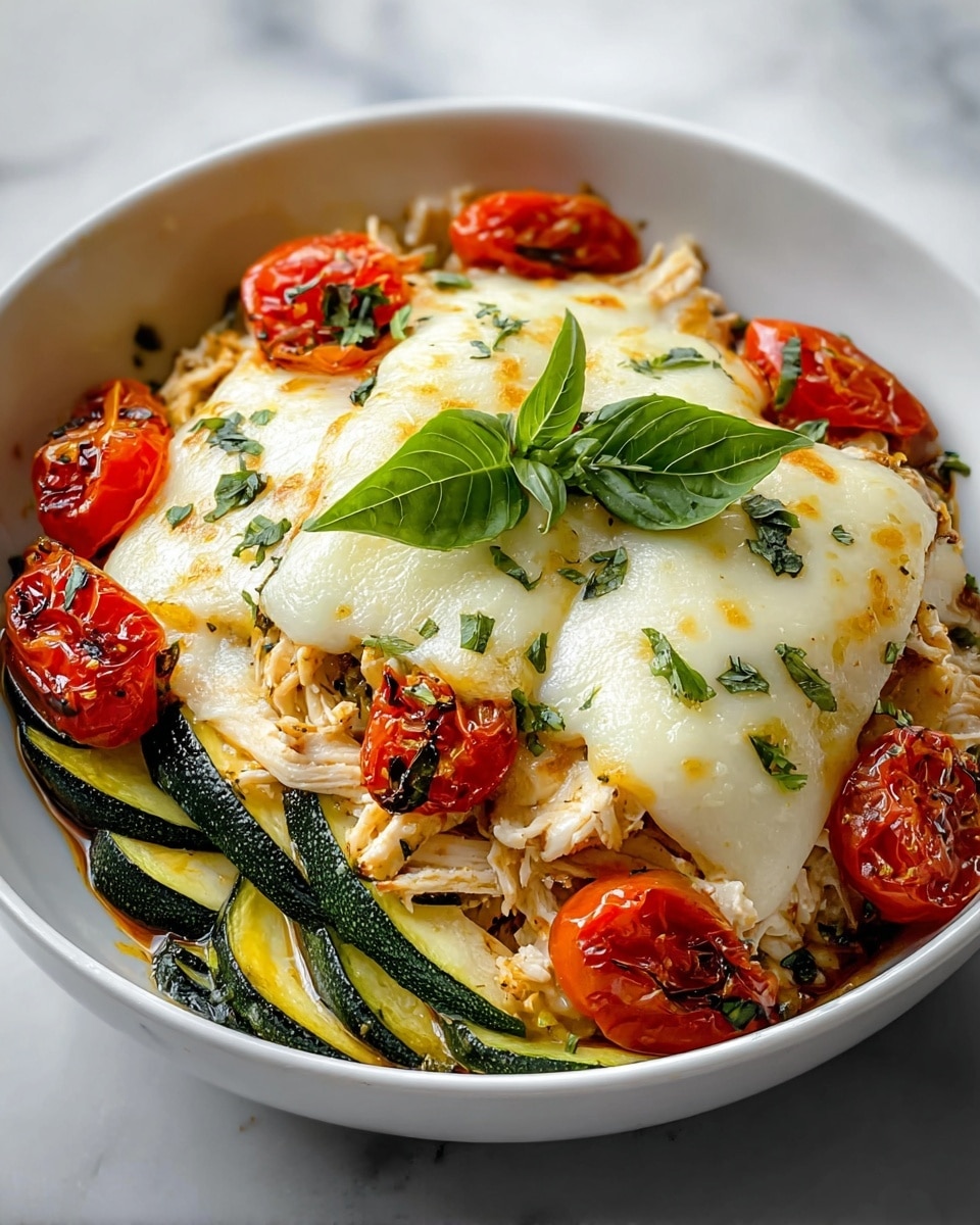 A white bowl holds a layered dish starting with thick, dark green slices of zucchini at the bottom. Above the zucchini is a shredded light brown chicken layer. On top of the chicken are three thick slices of melted white cheese with a slight golden brown toasted effect. Bright red, roasted cherry tomato halves are placed evenly on the cheese, along with small bits of chopped green herbs sprinkled around. A fresh green basil leaf sits in the center as a garnish. The dish is set on a white marbled surface. Photo taken with an iphone --ar 4:5 --v 7