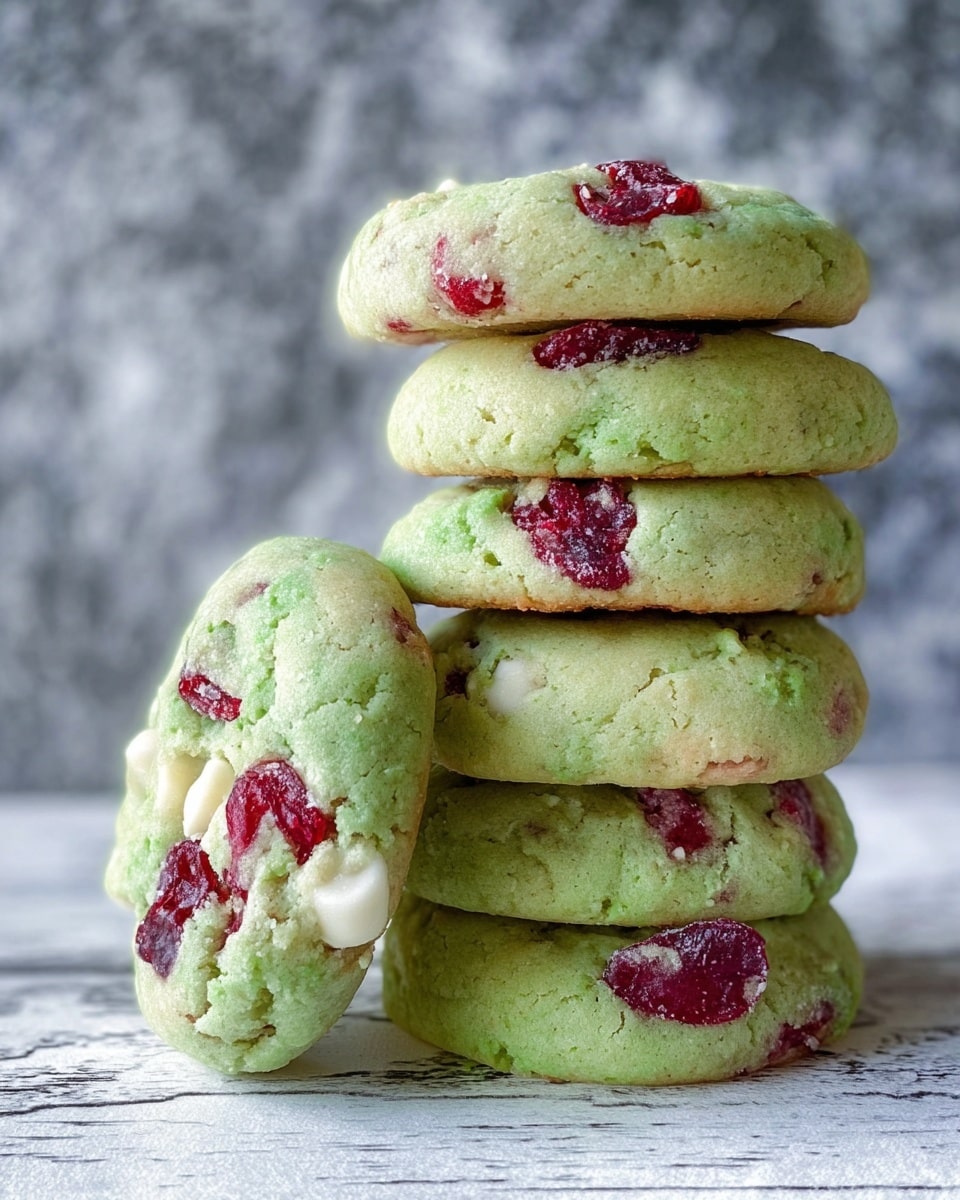 A stack of five round green cookies sits on a white marbled surface, each cookie slightly thick with a soft texture. Bright red dried cranberry pieces and small white chunks of white chocolate are scattered throughout each cookie, creating colorful spots against the pale green dough. The cookies are slightly cracked on top, showing their soft freshness, with the top cookie centered and the rest leaning slightly, giving a casual, homemade look. The background is a blurred gray stone wall. photo taken with an iphone --ar 4:5 --v 7
