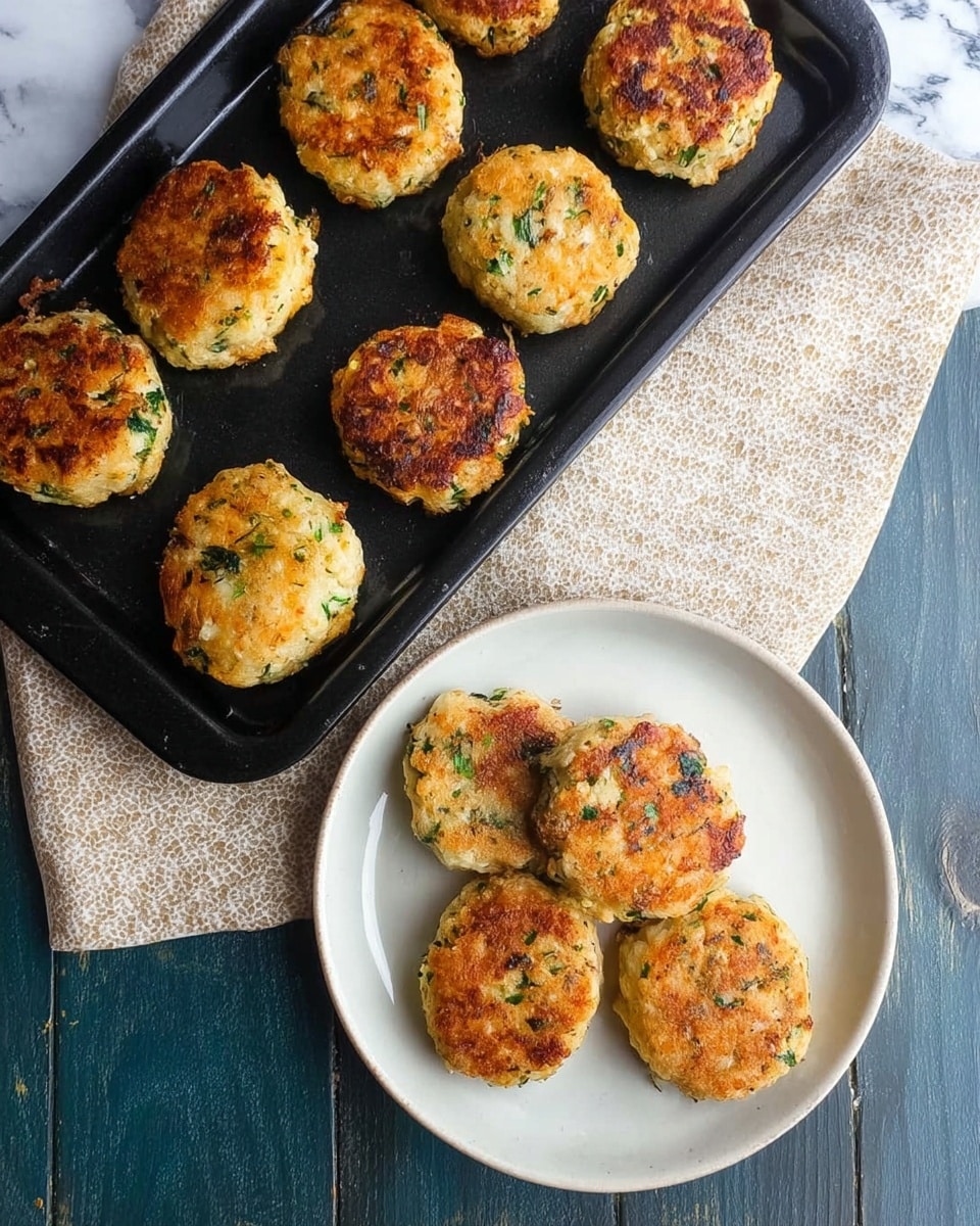 The image shows a black baking tray with seven golden-brown, round baked patties that have small green herb pieces mixed inside, placed on a light beige patterned cloth on a dark wooden surface. Below the tray, a white plate holds four of the same patties, showing their slightly crispy, textured tops with browned spots and green herbs visible inside. The background is a white marbled texture surface. photo taken with an iphone --ar 4:5 --v 7