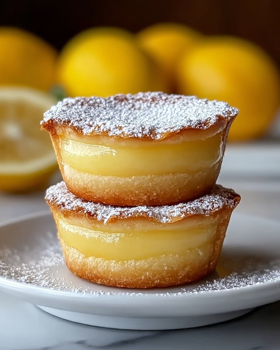 Two small lemon tarts are stacked on a white plate placed on a white marbled surface. Each tart has three visible layers: a golden brown crust at the bottom, a smooth, thick pale yellow lemon filling in the middle, and a light golden top dusted with white powdered sugar. In the background, blurred, are whole yellow lemons. The overall look is fresh and inviting, with soft natural light enhancing the glossy texture of the lemon filling. photo taken with an iphone --ar 4:5 --v 7