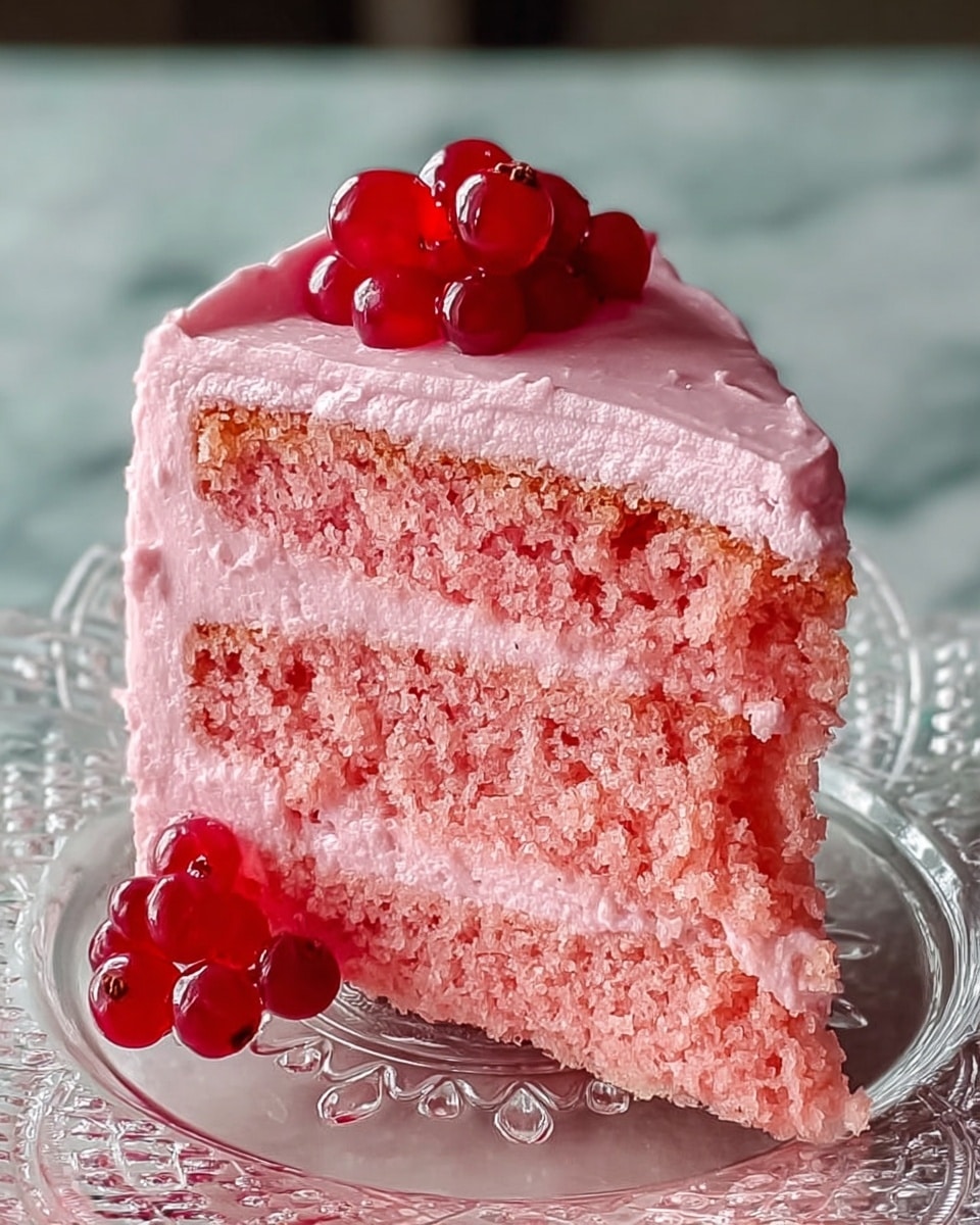 A slice of pink layered cake sits on a clear glass plate with intricate white patterns. The cake consists of three layers of moist pink sponge separated by smooth pink frosting. The top of the cake is covered with the same pink frosting, which has a slightly glossy finish. A small cluster of glossy red berries decorates the top center of the cake, with one berry resting on the plate beside it. The background is a soft white marbled texture. photo taken with an iphone --ar 4:5 --v 7