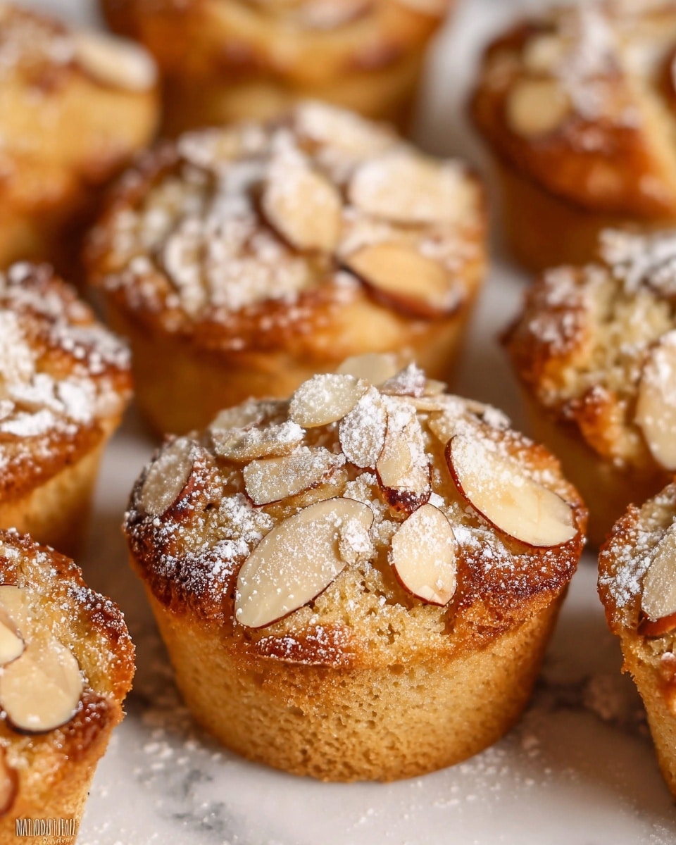 The image shows small muffins with a golden-brown crust on the outside and a soft, crumbly texture on top. Each muffin has a layer of sliced almonds scattered over the top, with a dusting of fine white powdered sugar evenly spread across the surface. The muffins are piled close together on a white marbled surface, showing their slightly irregular round shape and inviting texture. photo taken with an iphone --ar 4:5 --v 7
