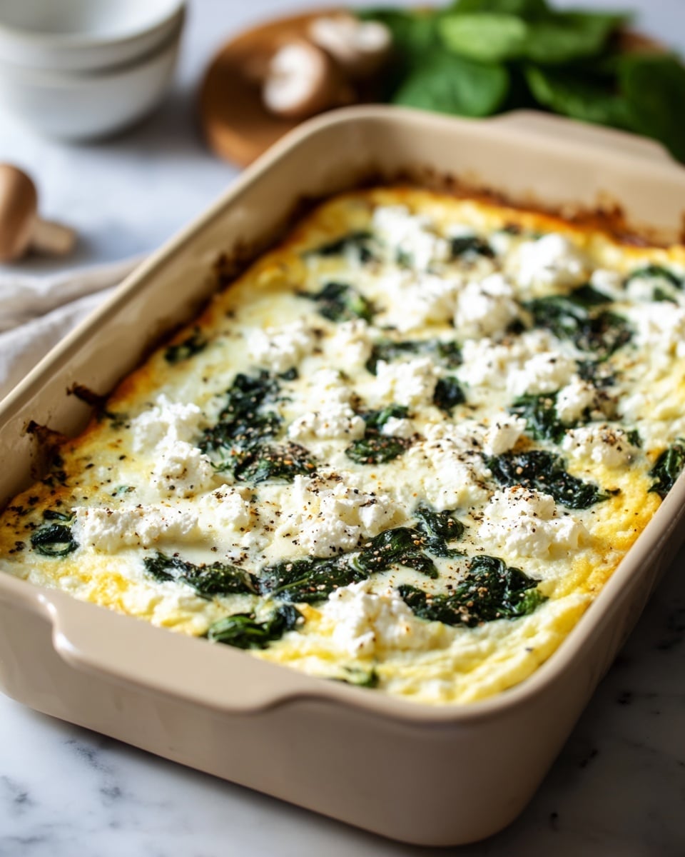 The dish is a baked casserole in a rectangular beige baking dish placed on a white marbled surface. It has a creamy, pale yellow base layer that looks fluffy and smooth, topped with scattered dark green spinach pieces throughout. On top of the spinach, there are white clumps of ricotta cheese spread evenly, adding a soft texture. The surface is sprinkled lightly with cracked black pepper, giving small dark specks across the dish. The casserole edges show a slight golden brown, indicating it is well baked. In the background, blurred items like fresh spinach leaves and a mushroom can be seen along with a white bowl. photo taken with an iphone --ar 4:5 --v 7
