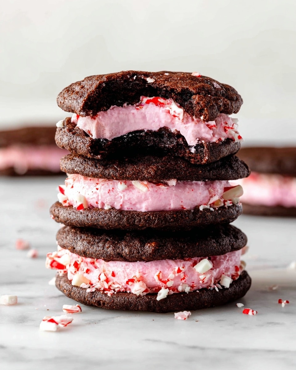 A stack of three sandwich cookies is shown on a white marbled surface, each cookie made of dark, rich chocolate with a soft, crumbly texture. Between each chocolate cookie layer is a thick, smooth layer of pink cream filling that has bits of red and white crushed peppermint pieces mixed in, adding a crunchy texture and festive look. The top cookie in the stack has a bite taken out, revealing the vibrant contrast between the dark chocolate cookie and the bright pink cream. The cookies are placed closely together, creating a tall and appealing dessert tower. Photo taken with an iphone --ar 4:5 --v 7