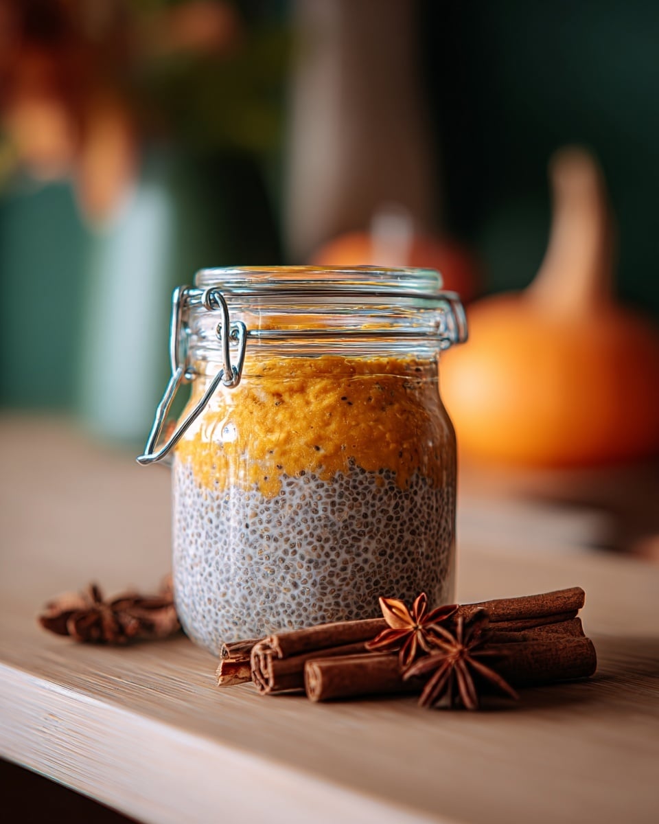 A clear glass jar with a metal clasp shows two distinct layers: the bottom layer is greyish chia seeds soaked in a creamy liquid, with a speckled texture, while the top layer is a bright orange pumpkin puree, smooth and thick. The jar sits on a wooden surface with three cinnamon sticks and two star anise in front, adding warm brown and reddish tones to the scene. The background is softly blurred with a soft mix of green and orange shapes, suggesting a cozy kitchen space. photo taken with an iphone --ar 4:5 --v 7