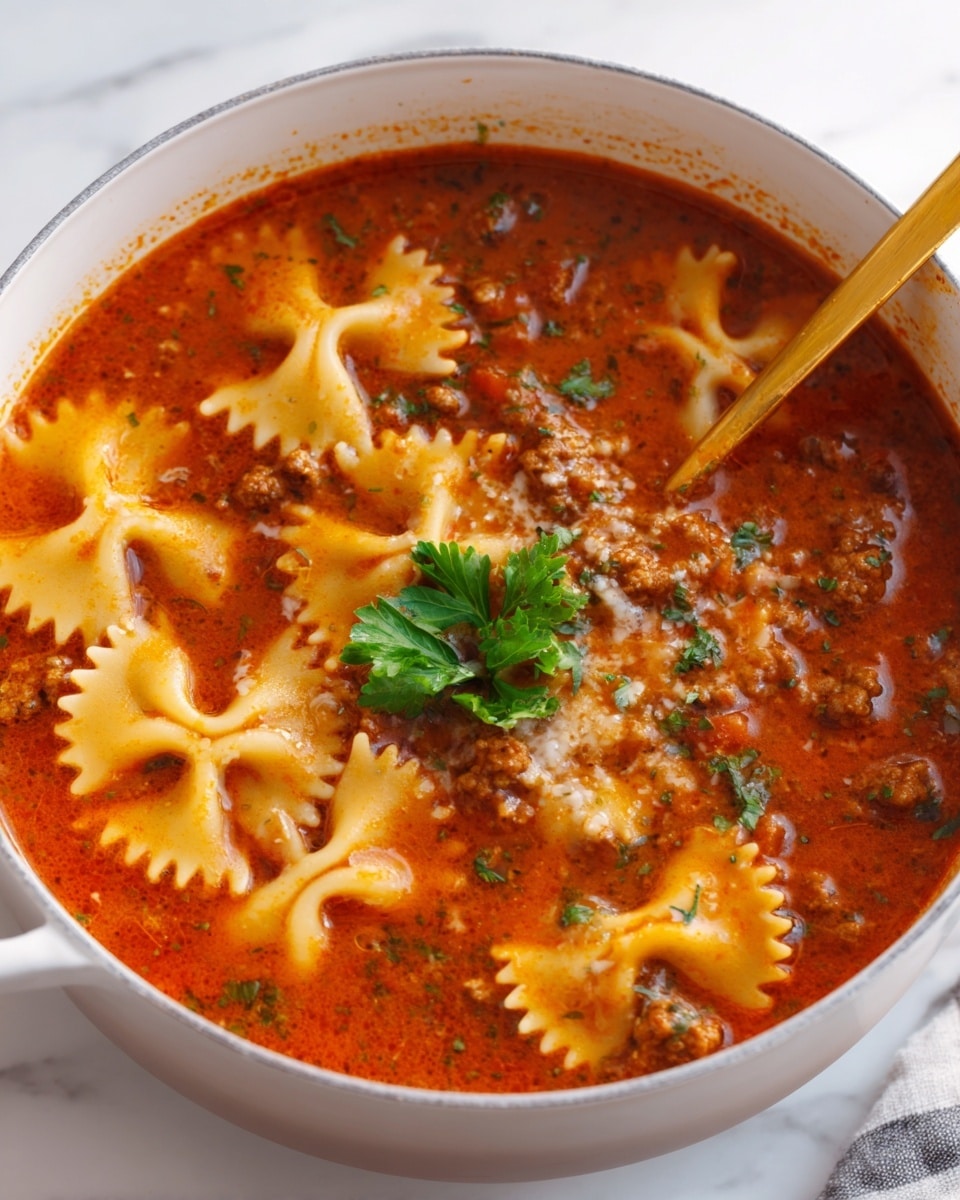A white bowl filled with a rich, red tomato soup, containing ground meat and several large, bowtie-shaped pasta pieces floating evenly on top. The soup has a thick texture with bits of herbs and small chunks of vegetables visible. A golden spoon is partially dipped into the bowl from the top left side. At the center, a small bunch of green parsley adds a fresh contrast. The bowl is placed on a white marbled surface, creating a clean and bright setting. Photo taken with an iphone --ar 4:5 --v 7