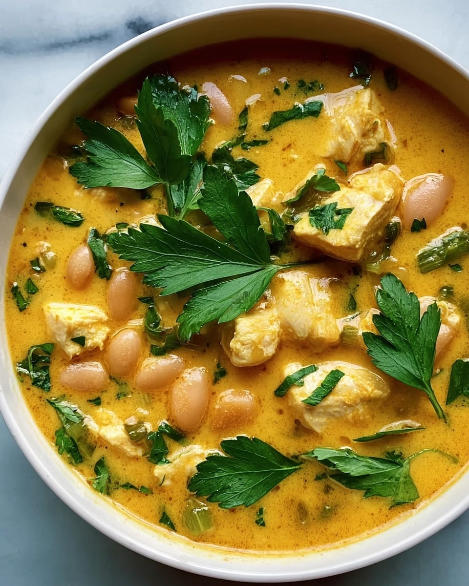 This image shows a bowl of creamy stew with three main layers visible: the smooth, thick orange-yellow broth as the base layer, several chunks of light beige cooked chicken scattered on top, and light brown beans partially submerged in the broth. Bright green parsley leaves are sprinkled over the surface, adding a fresh contrast in color and texture, with one larger parsley leaf prominently centered. The bowl is white, and the background has a white marbled texture. Photo taken with an iphone --ar 4:5 --v 7