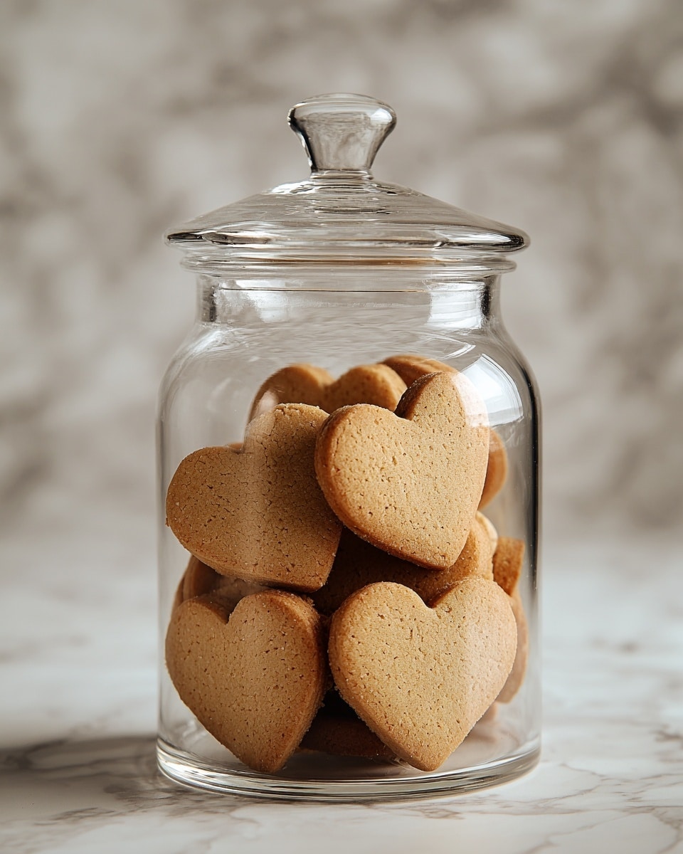 A clear glass jar with a rounded lid is filled with multiple heart-shaped cookies. The cookies are light brown with a slightly rough texture, arranged in several layers that fill the jar almost to the top, with two cookies prominently leaning against the front of the jar. The jar is placed on a surface with a white marbled texture, and the background also has a soft white marbled appearance, giving a clean and warm feeling. photo taken with an iphone --ar 4:5 --v 7