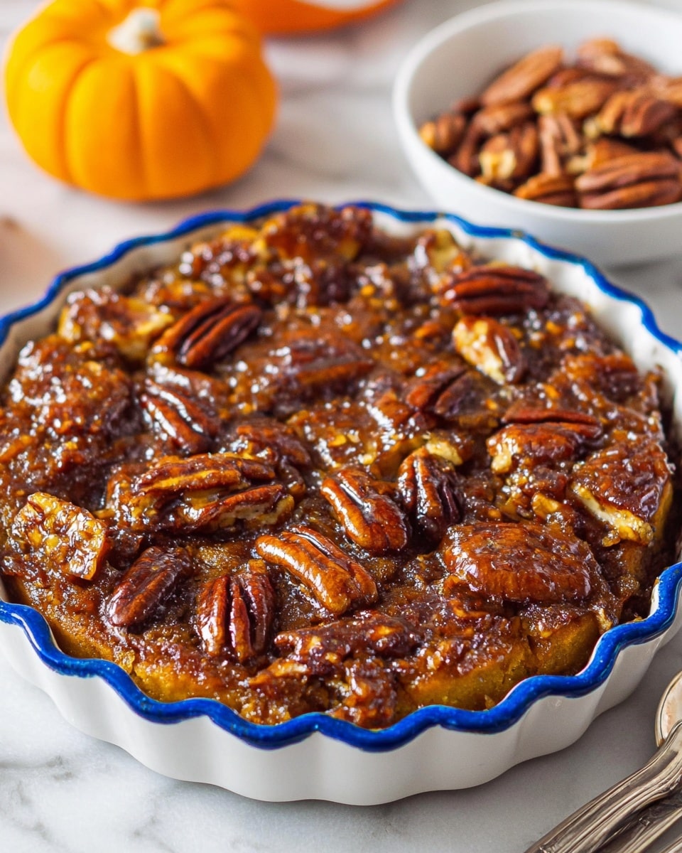 The image shows a baked dish in a white scalloped ceramic dish with a blue rim, filled with a deep golden brown casserole topped with glossy, toasted pecans scattered all over. The casserole surface has textured chunks and a sticky, shiny glaze that looks rich and caramelized. The dish is placed on a white marbled texture, with a small white bowl of extra pecans on the right and a silver fork in the foreground. There is also a small bright orange pumpkin in the background, adding a pop of color. Photo taken with an iphone --ar 4:5 --v 7