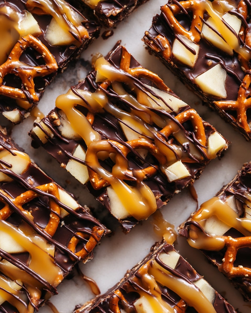 The image shows several square pieces of dark chocolate bark spread out on a light brown surface. Each piece has a base layer of dark chocolate topped with mini pretzels that are light brown and textured. Over this, there are scattered chunks of pale yellow apple slices and drizzles of shiny caramel sauce that glisten in the light. Dark chocolate is loosely drizzled across the top, adding contrast with smooth and slightly glossy lines. The pieces are sprinkled with fine flakes of sea salt, enhancing the texture and visual appeal. The photo is taken with an iphone --ar 4:5 --v 7