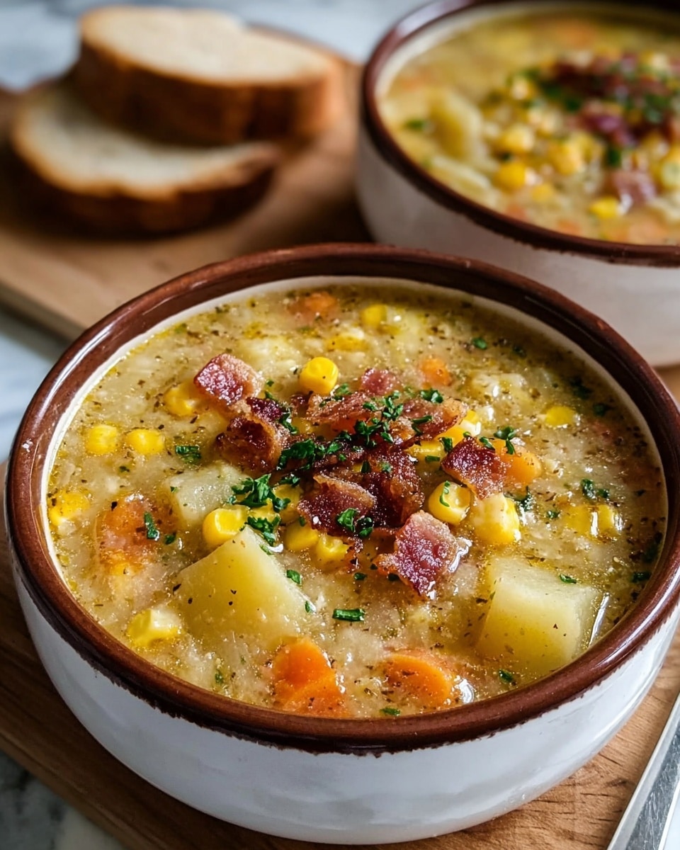 A close-up view of a thick soup served in a white bowl with a brown rim, filled with chunky ingredients layered visibly. The base layer is creamy and yellowish with small raw corn kernels scattered throughout. Above this are soft white potato chunks and small pieces of orange carrot mixed in. On top, crispy brown bacon bits are sprinkled, surrounded by a light sprinkling of finely chopped green parsley, adding a fresh touch. In the background, there is another white bowl with a similar soup and some slices of sliced bread on a white marbled surface. Photo taken with an iphone --ar 4:5 --v 7