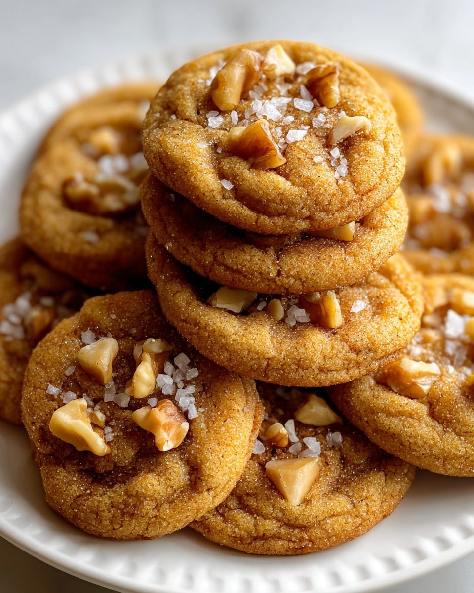 A white plate holds a close-up view of seven soft, round cookies with a golden-brown color and a slightly cracked surface texture. Each cookie is topped with chunks of light tan walnuts and sprinkled with coarse white salt crystals, which glisten under the light, adding contrast to the warm color of the cookies. The cookies are stacked and overlapping tightly, filling the plate almost edge to edge, set on a white marbled surface. photo taken with an iphone --ar 4:5 --v 7