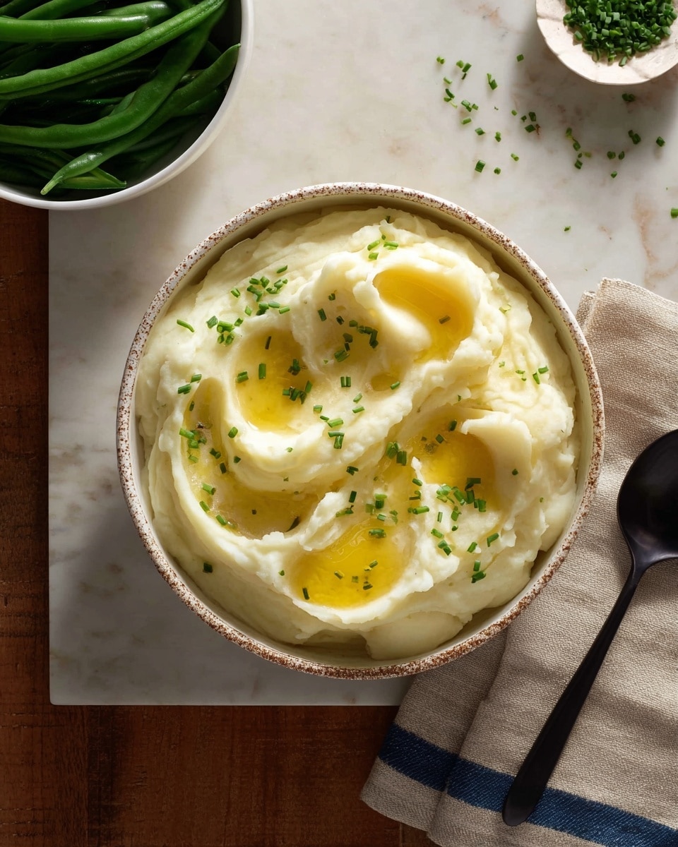 A bowl filled with creamy white mashed potatoes shows soft swirls on top, with three dollops of melting golden butter spread evenly over the mashed potatoes. Fine green chives are sprinkled lightly across the surface, adding small spots of color. The bowl sits on a folded light cloth with a black spoon on the side. In the background, there is a white bowl filled with fresh green beans and a small wooden bowl containing chopped green herbs on a white marbled texture. Photo taken with an iphone --ar 4:5 --v 7