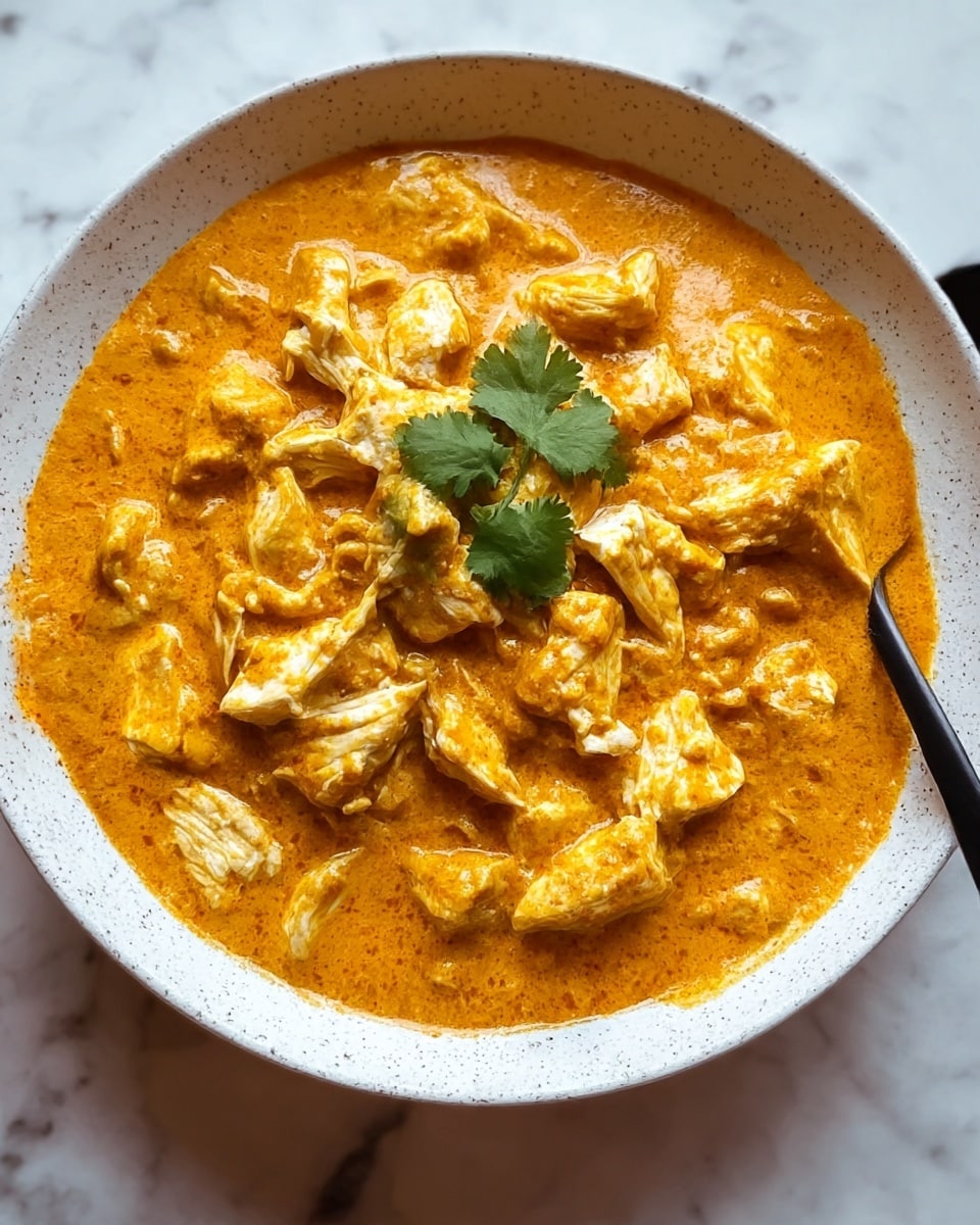 A white speckled bowl filled with a creamy orange curry, with pieces of white cooked chicken scattered throughout. The curry has a smooth, slightly thick texture that coats the chicken chunks. On top in the center, there are a few green cilantro leaves as garnish. The bowl sits on a white marbled surface, with part of a black spoon visible on the right side. photo taken with an iphone --ar 4:5 --v 7