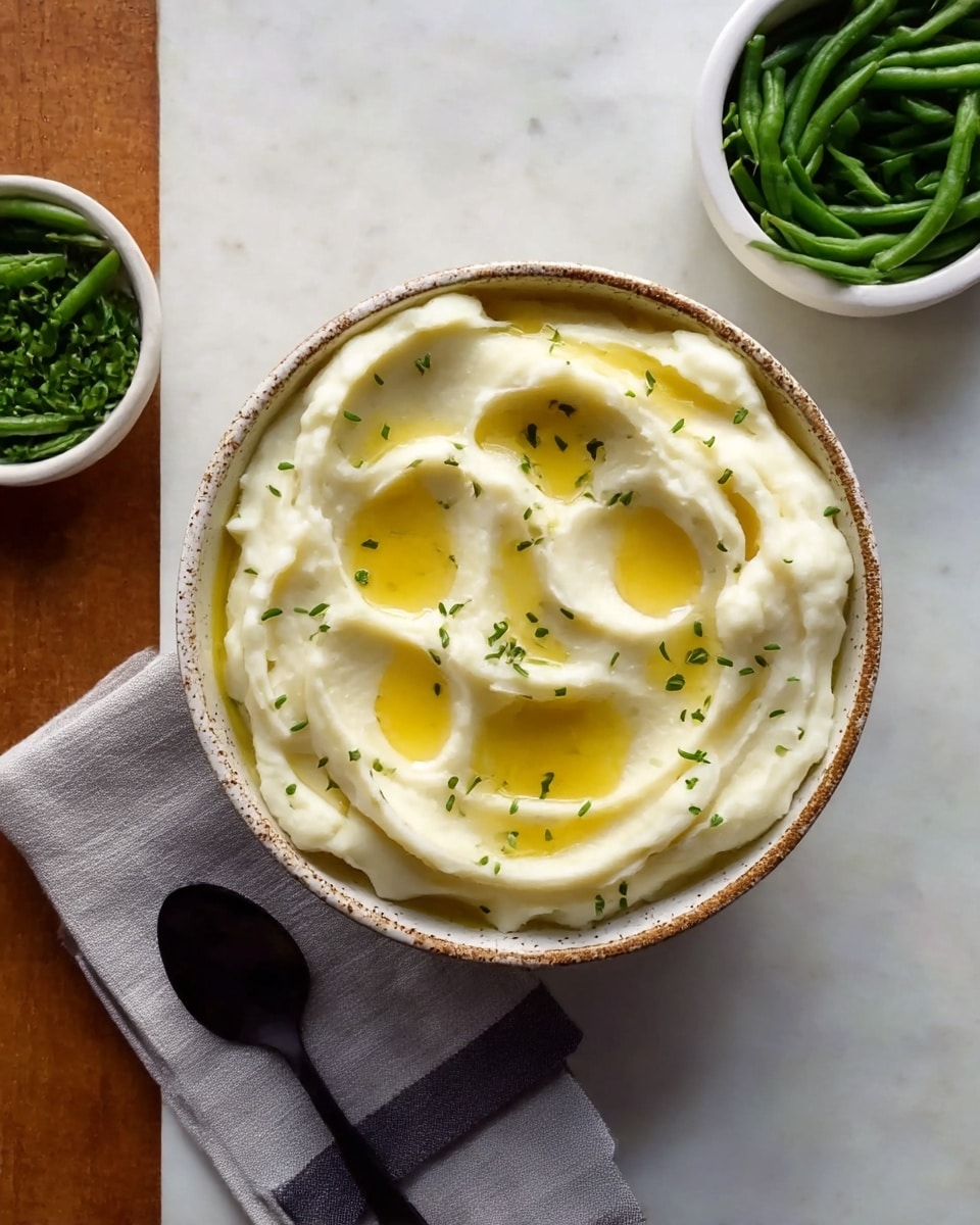 A bowl of creamy mashed potatoes fills the space with soft, smooth white swirls forming three small wells holding melted yellow butter on top, sprinkled with tiny green chives. The bowl is white with brown speckles, resting on a light gray cloth napkin alongside a black spoon. In the background, there are two bowls — one filled with bright green beans and the other with chopped chives — all set on a white marbled surface. Photo taken with an iphone --ar 4:5 --v 7