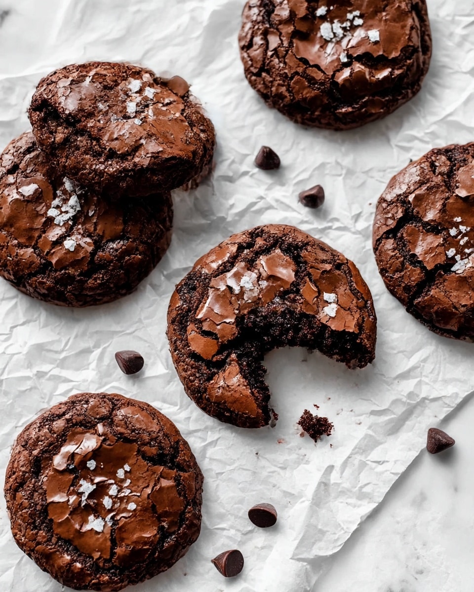 The image shows several soft chocolate cookies with a cracked, shiny top and a slightly crispy edge. One cookie is in the center with a bite taken out, revealing a rich, gooey, dark chocolate inside. The cookies are sprinkled with a few grains of white sea salt on top, adding texture contrast. They are placed directly on crinkled white parchment paper, which sits on a smooth white marbled surface. Scattered chocolate chips are visible around the cookies, enhancing the chocolate theme. photo taken with an iphone --ar 4:5 --v 7