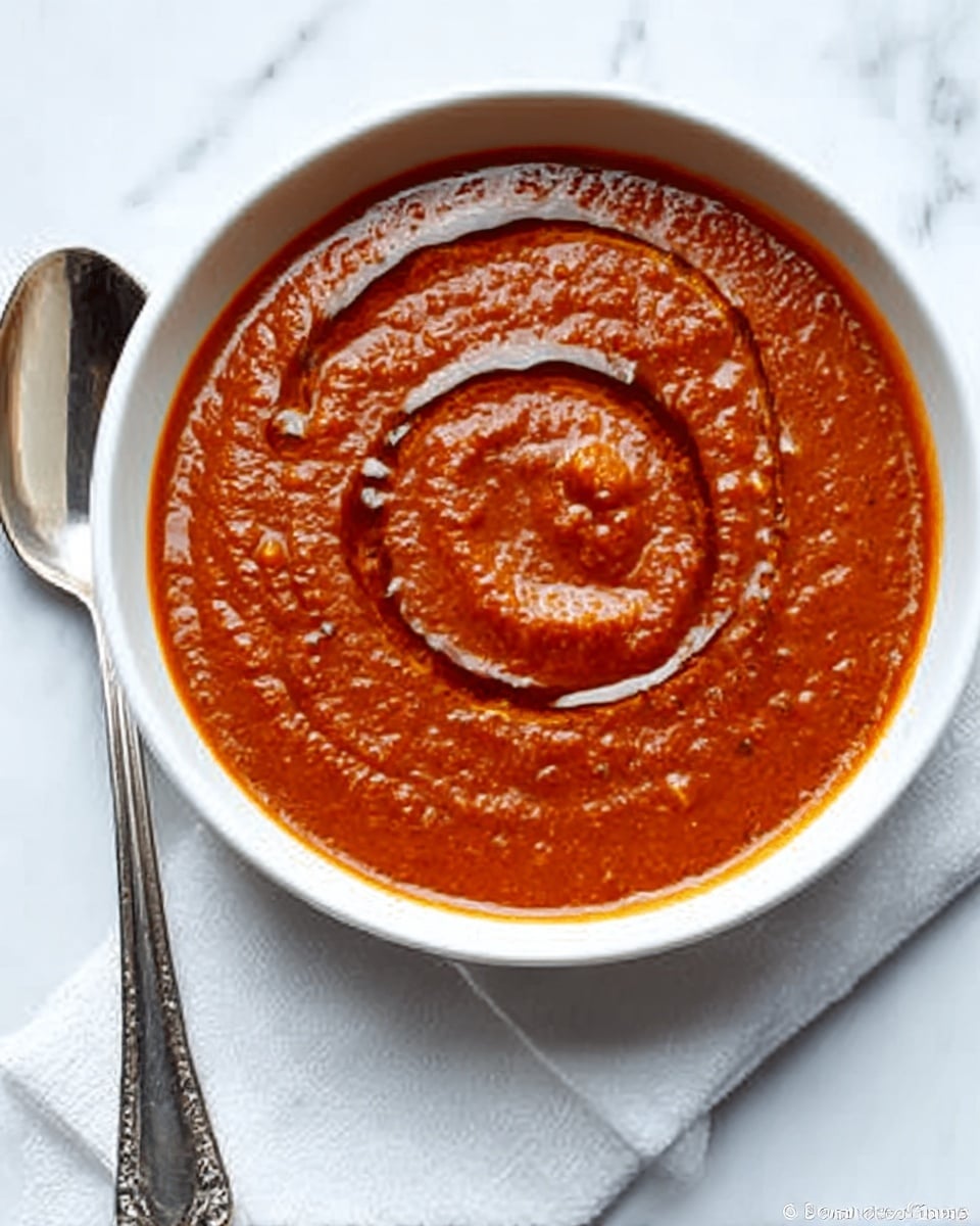 A white bowl filled with thick, red tomato soup that has a smooth texture with small bits throughout. The soup is swirled with a thin dark brown drizzle of olive oil on top, creating a circular pattern. Next to the bowl is a shiny silver spoon resting on a white cloth napkin. The entire scene is set on a white marbled surface. Photo taken with an iphone --ar 4:5 --v 7