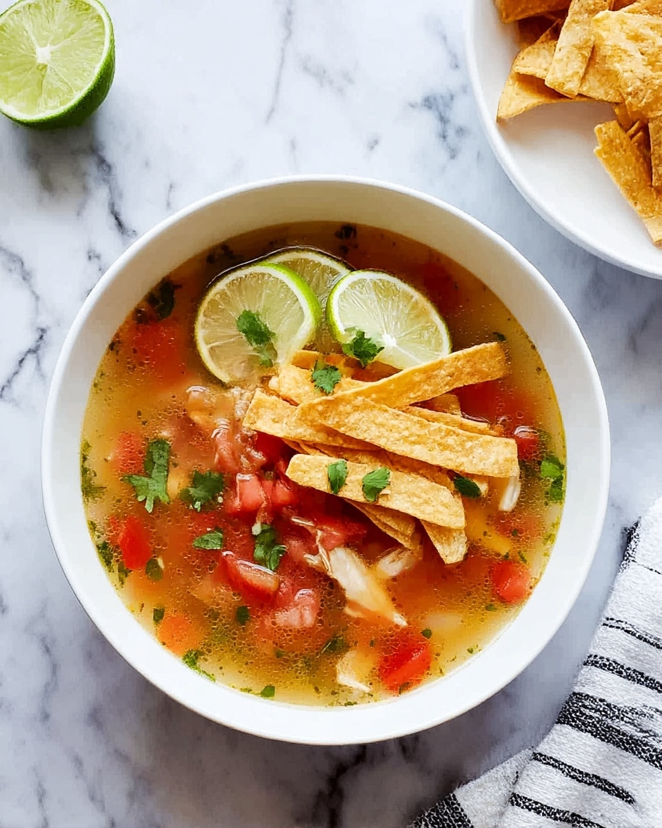 The image shows a white bowl filled with clear light orange broth, with pieces of shredded white chicken and small red tomato chunks spread throughout. On top, there are golden-brown crispy thin strips arranged in a small pile, garnished with bright green cilantro leaves and two lemon slices placed in the center. The bowl is set on a white marbled surface, with a half lemon below and a white bowl with more crispy strips partially visible on the right side. A white cloth with black stripes is also seen near the edge of the frame. Photo taken with an iphone --ar 4:5 --v 7