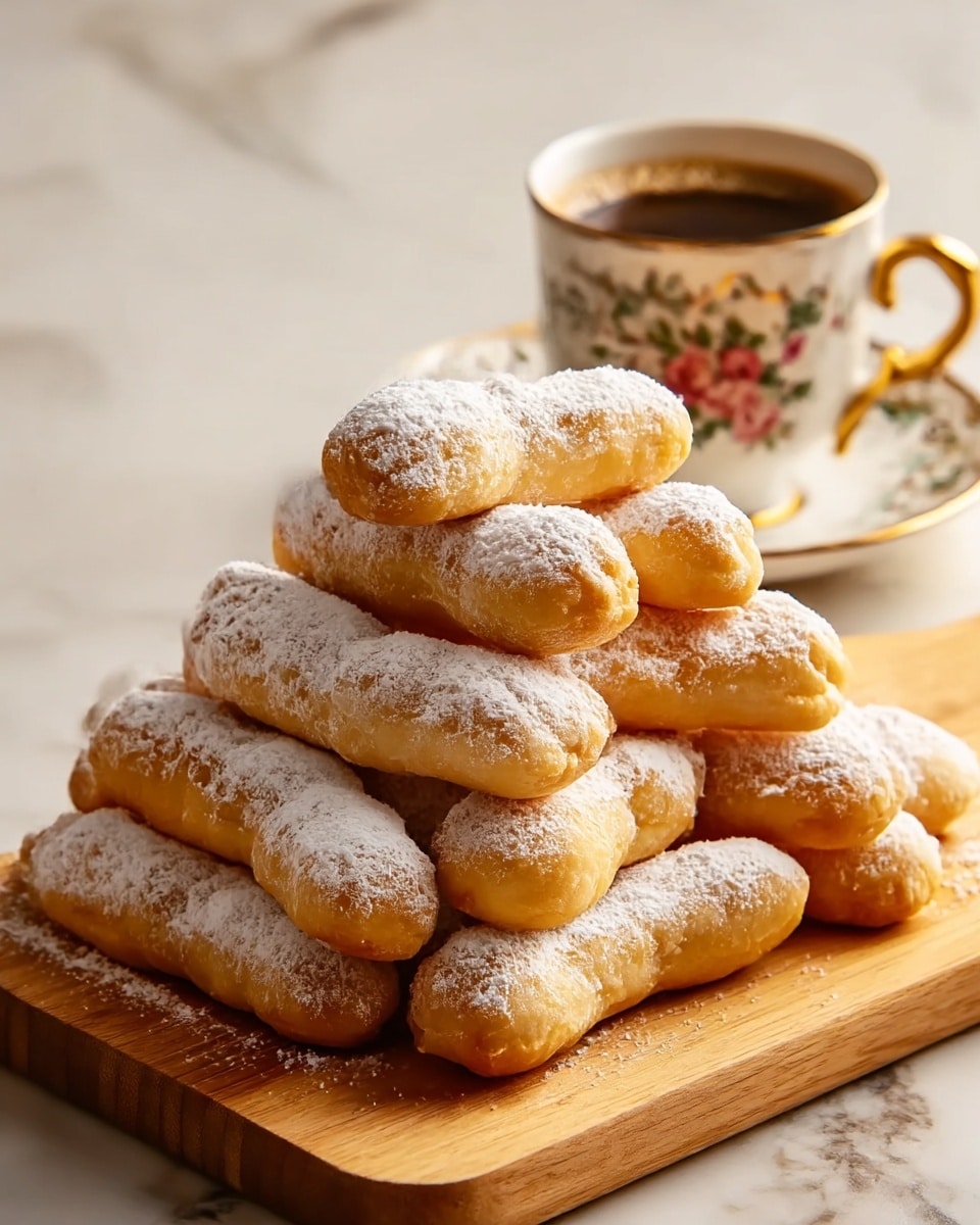A pile of light golden finger-shaped pastries dusted with white powdered sugar stacked in a pyramid shape on a light wooden board, each pastry showing a soft, slightly rough texture under the sugar. In the background, a white cup decorated with a floral pattern containing dark coffee sits on a matching saucer. The setup rests on a white marbled surface, giving a clean and bright look. photo taken with an iphone --ar 4:5 --v 7