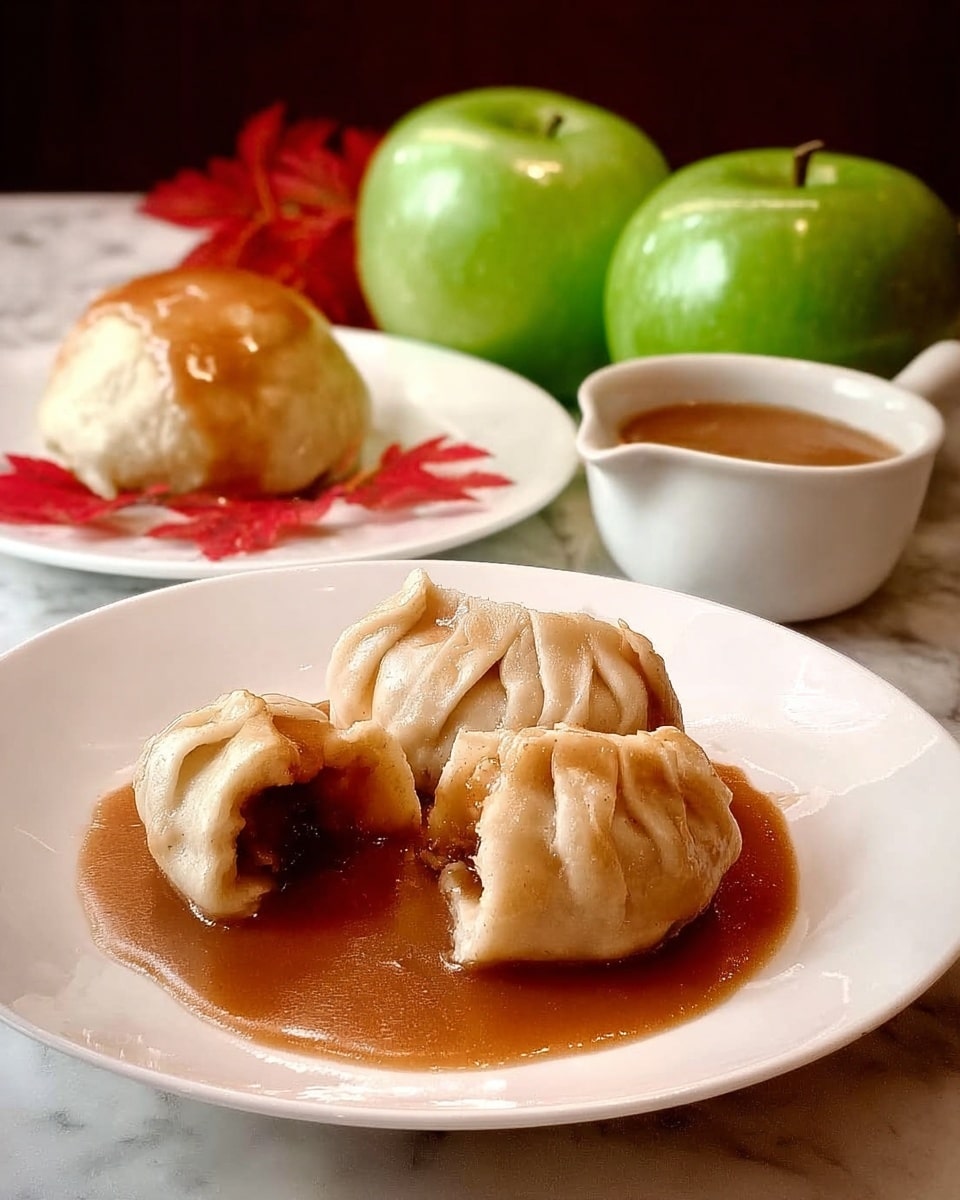 The image shows two brown baked pastry pouches on a white plate in the background, next to two shiny green apples and an off-white ramekin with light brown sauce inside. In the front, a white plate has one pastry pouch cut open revealing a warm, melty, light-colored filling that flows onto the plate. The sauce surrounding the pastry is a smooth, medium brown color. The setting is on a white marbled surface with a dark backdrop. Photo taken with an iphone --ar 4:5 --v 7