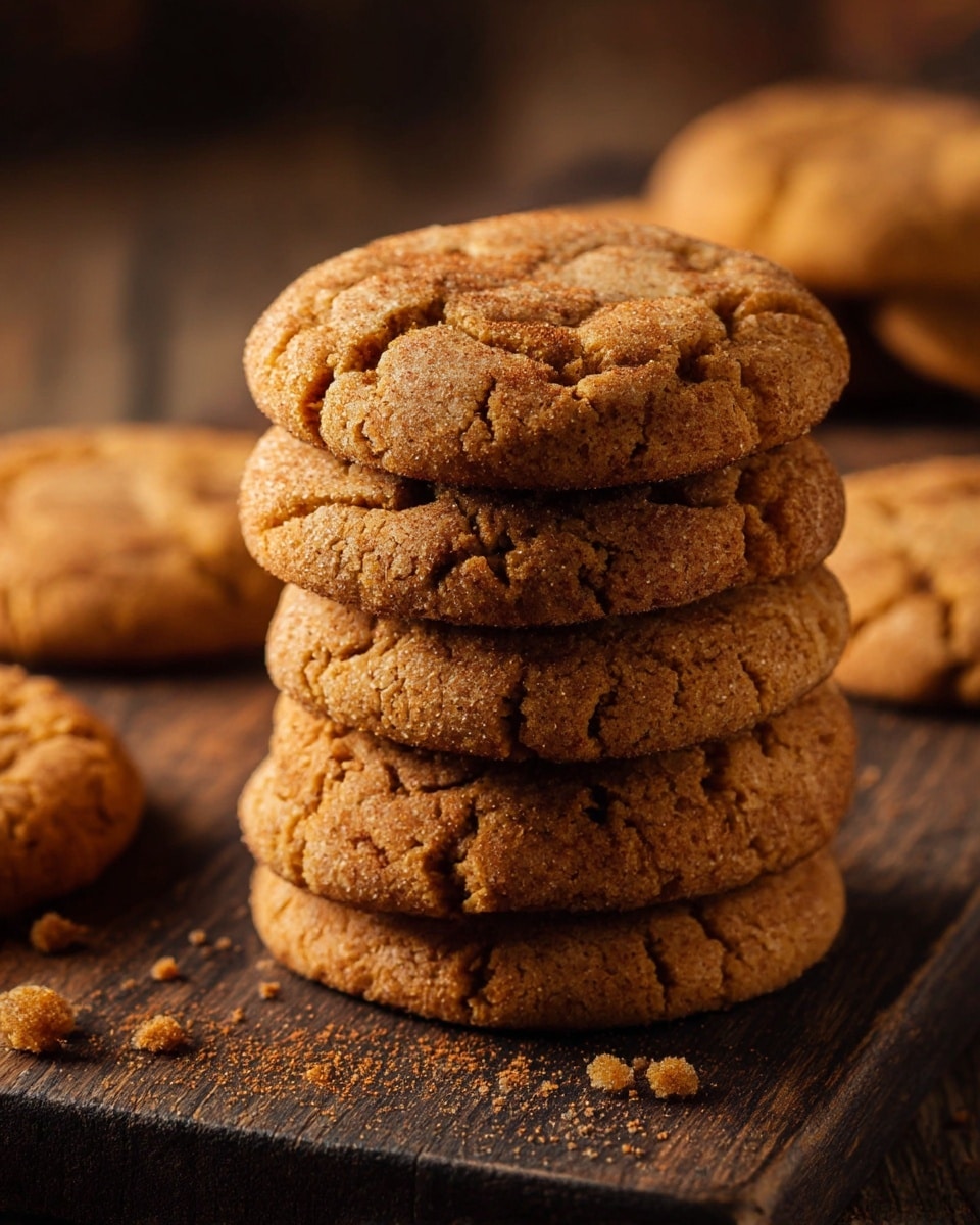 A stack of seven thick, soft-looking cookies with a cracked surface and a golden brown color dusted lightly with cinnamon sits on a dark rustic wooden board; the cookies have uneven edges and a textured, slightly crumbly appearance, with one cookie in the background resting flat on the board. photo taken with an iphone --ar 4:5 --v 7
