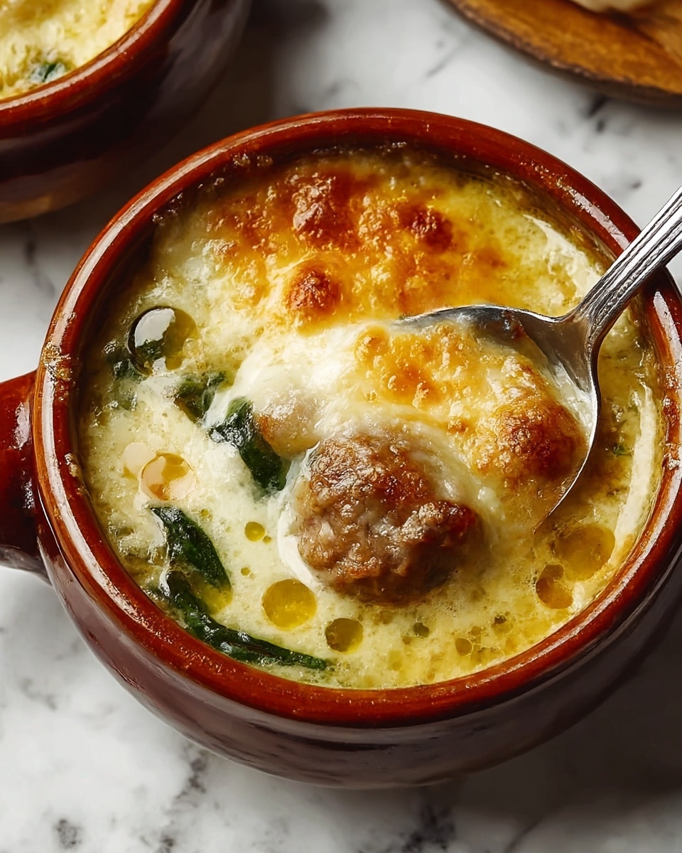 A brown ceramic bowl filled with a creamy soup showing three main layers: a top layer of melted, golden-brown cheese with a bubbly and slightly crispy texture, beneath it a rich light yellow broth with small pools of oil and green leaf bits, and at the center a chunk of browned meat partially covered by melted cheese. A silver spoon rests inside the bowl, and another similar bowl is visible in the background. The bowl sits on a white marbled surface. Photo taken with an iphone --ar 4:5 --v 7