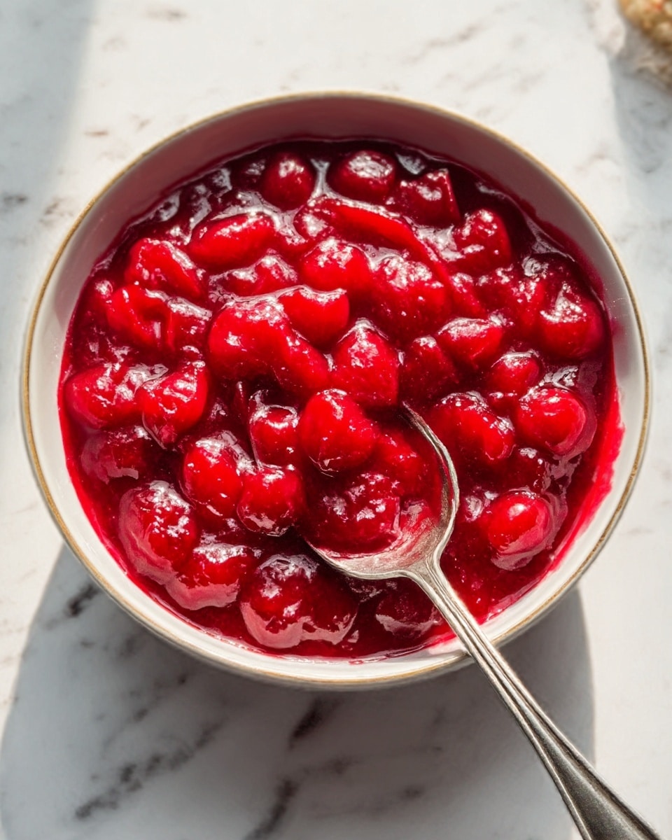 The image shows a white bowl filled with a thick layer of bright red cherry sauce made up of whole cherries and syrup, with a shiny, slightly chunky texture. Inside the bowl, resting on the side, is a silver spoon partly covered in the cherry sauce. The bowl sits on a white marbled surface with soft natural light coming from the side. Photo taken with an iphone --ar 4:5 --v 7