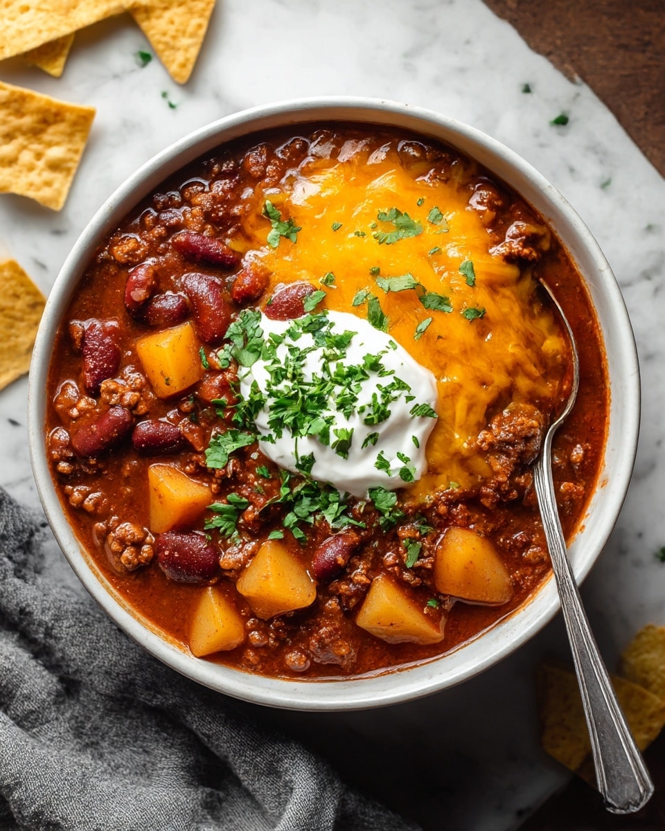 A bowl filled with thick chili featuring chunks of ground meat, dark red kidney beans, and pieces of yellow bell pepper, all covered in a rich, dark reddish-brown sauce. On top, there is a layer of melted orange cheese with a dollop of white sour cream in the center, sprinkled with fresh green chopped cilantro. A silver spoon rests inside the bowl on the right, with white tortilla chips placed nearby on a white marbled textured surface. A gray cloth partially frames the bowl on the left side. photo taken with an iphone --ar 4:5 --v 7