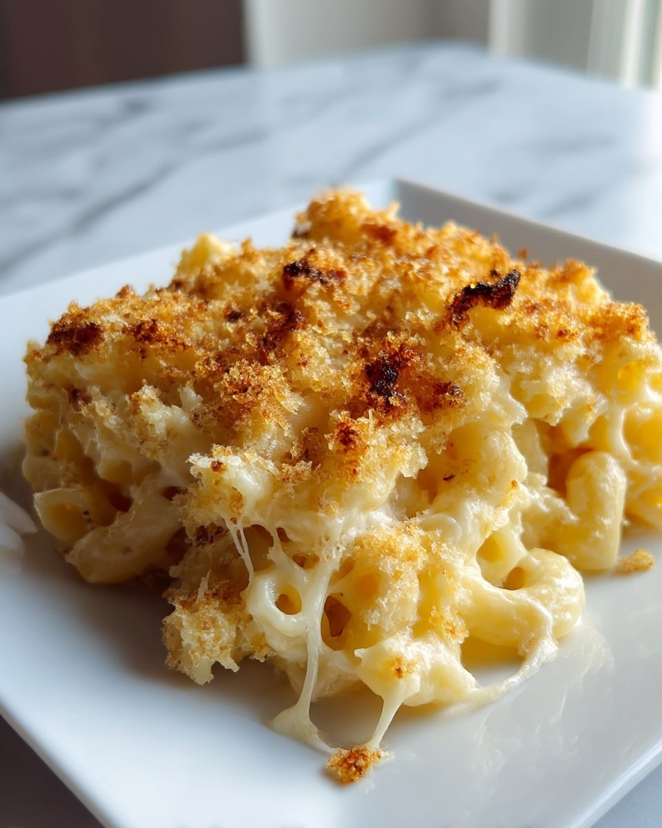 A close-up of a single layer of macaroni and cheese on a white square plate, showing soft, pale yellow elbow pasta covered in creamy melted cheese with a golden brown, crunchy breadcrumb topping that is unevenly toasted with some darker spots. The texture of the pasta is smooth and cheesy with strands of melted cheese stretching slightly. The background has a white marbled texture. photo taken with an iphone --ar 4:5 --v 7