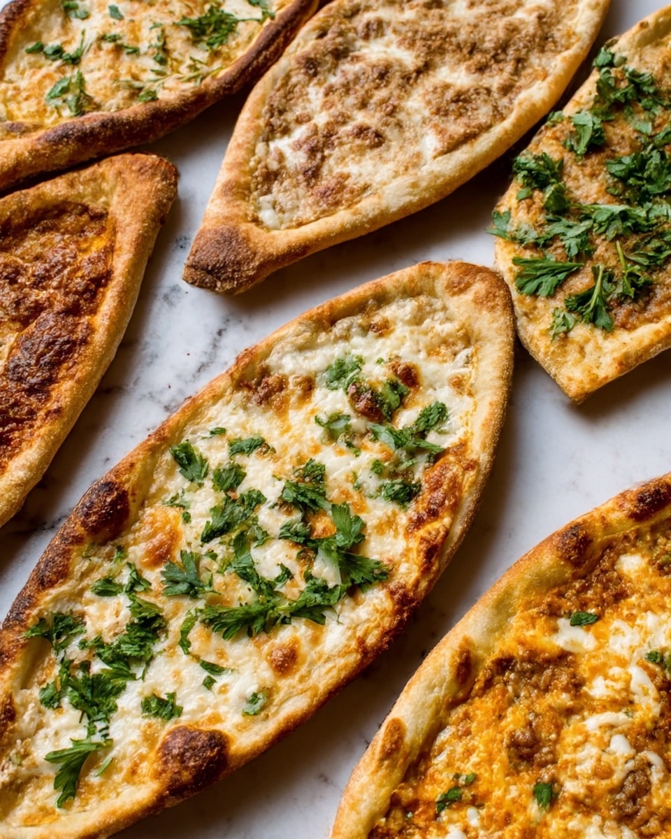 The image shows several boat-shaped flatbreads placed on a white marbled surface, each with different toppings and slightly browned crusts. One flatbread has a layer of melted white cheese with golden spots on top, another has a light brown topping with parsley leaves spread evenly, and the third visible flatbread has a mix of orange and white toppings with fresh parsley scattered. The texture of the crust looks crisp and thin, and the flatbreads are positioned close together, highlighting the variety of colors and textures between the layers of toppings. Photo taken with an iphone --ar 4:5 --v 7