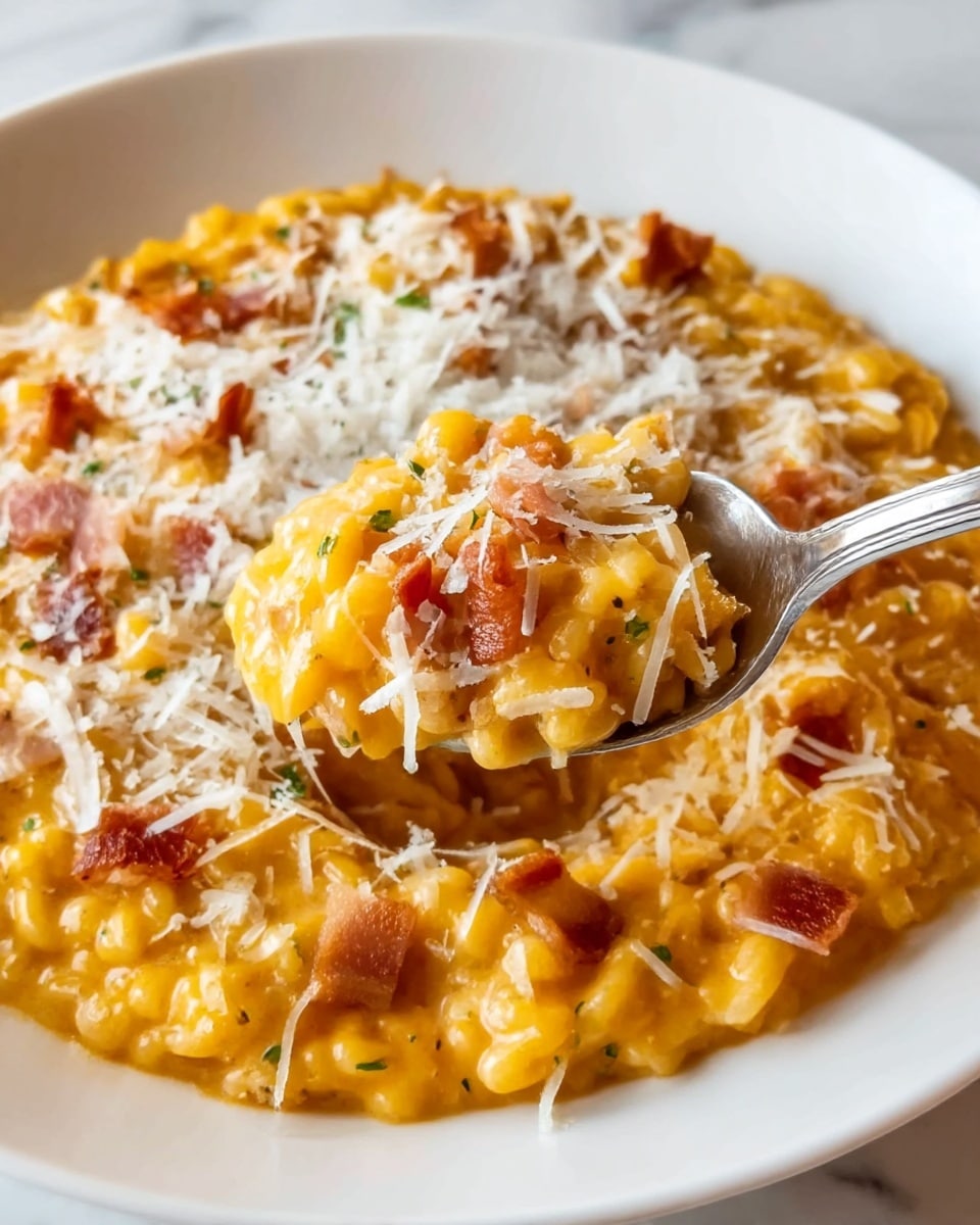 The image shows a close-up of a creamy risotto dish served on a white plate. The risotto has a rich orange-yellow color and a smooth, slightly glossy texture, with visible small pieces of bacon evenly scattered on top. There is a generous sprinkling of grated white cheese covering most of the risotto, adding a light texture contrast. A spoon is placed into the risotto, lifting a portion that shows the creamy consistency and some bits of bacon mixed inside. The plate sits on a white marbled surface. photo taken with an iphone --ar 4:5 --v 7