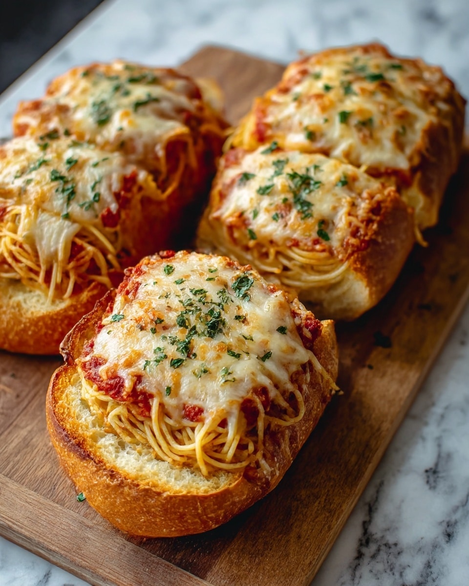 Three pieces of round bread filled with cooked spaghetti noodles layered inside thick cuts on top. Each piece shows a golden brown crust with a crispy texture, slightly cracked on the surface. Spaghetti noodles with red marinara sauce are visible stuffed inside the deep cuts of the bread. The top layer is covered with melted cheese that is golden and bubbly, sprinkled with chopped green herbs. The bread pieces are placed on a wooden board, set against a white marbled textured background. photo taken with an iphone --ar 4:5 --v 7