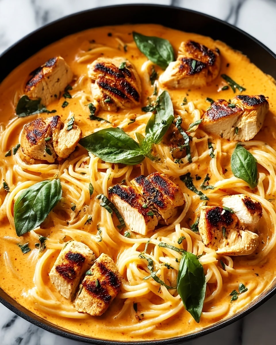A black pan filled with creamy orange pasta sauce and long, curled noodles that look soft and smooth fills the base layer. On top, there are six pieces of grilled chicken, golden brown with char marks and a slightly crispy texture, scattered across the pasta. Bright green fresh basil leaves are placed evenly over the chicken and sauce. Small bits of dark green herbs are sprinkled around the dish, adding a touch of texture and color contrast. The pan sits on a white marbled surface. photo taken with an iphone --ar 4:5 --v 7