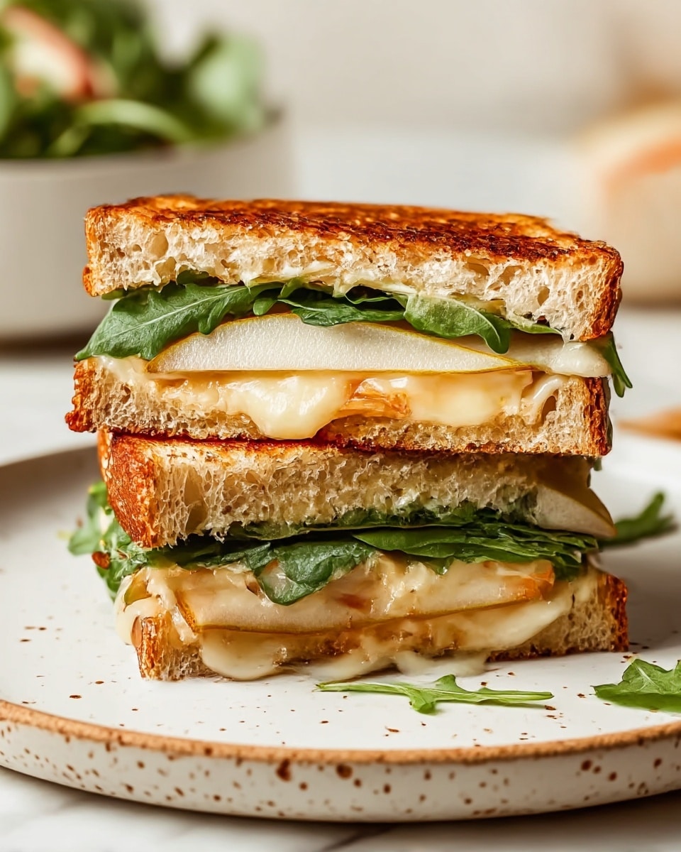 A sandwich with two thick slices of toasted golden brown bread with crispy edges forms the outer layers. Inside, there are three main layers: at the bottom, a layer of melted cheese with a gooey texture and slight golden spots, topped with thin slices of light green pear, and some fresh green leafy arugula. The middle layer repeats the melted cheese and pear slices with a few darker green spinach or similar leaves adding color and texture. The sandwich rests on a white plate with a speckled design, set on a white marbled surface. In the background, a blurred bowl with a salad can be seen. photo taken with an iphone --ar 4:5 --v 7