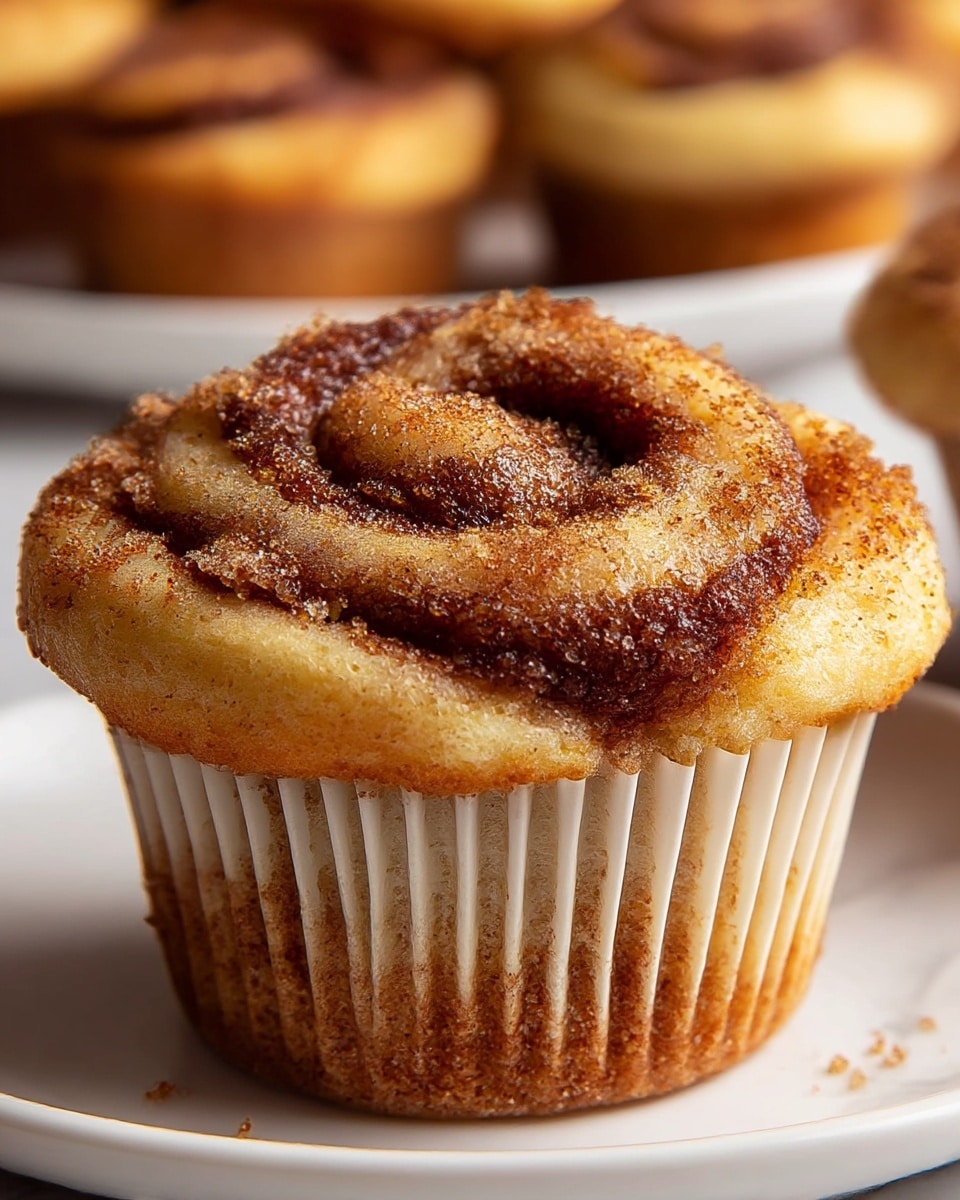 A close-up image of a cinnamon roll muffin on a white plate, showing one main muffin in focus with soft, swirled layers of golden brown dough mixed with dark cinnamon specks and a crumbly cinnamon sugar topping. The muffin paper liner is white with brown cinnamon spots seeping through. The background has blurred similar muffins on a white marbled surface. photo taken with an iphone --ar 4:5 --v 7